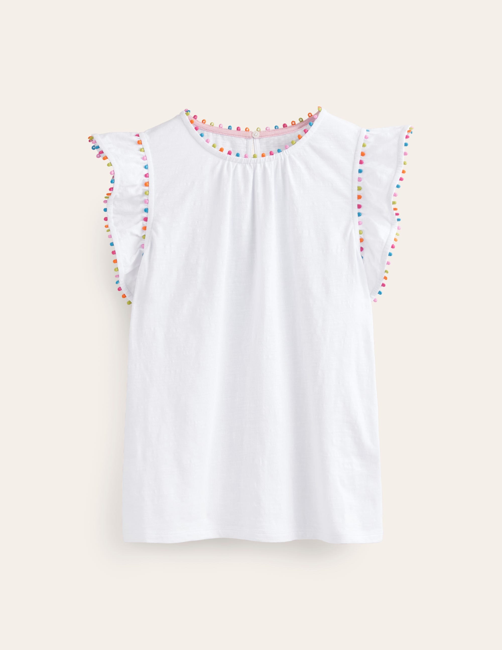 Pom Trim Ruffle Sleeve Top-White - Image 5