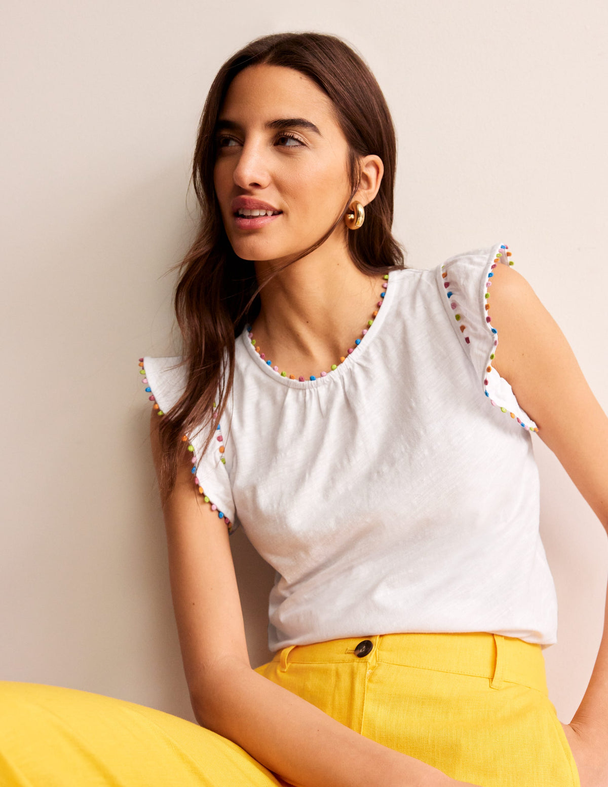 Pom Trim Ruffle Sleeve Top-White-1
