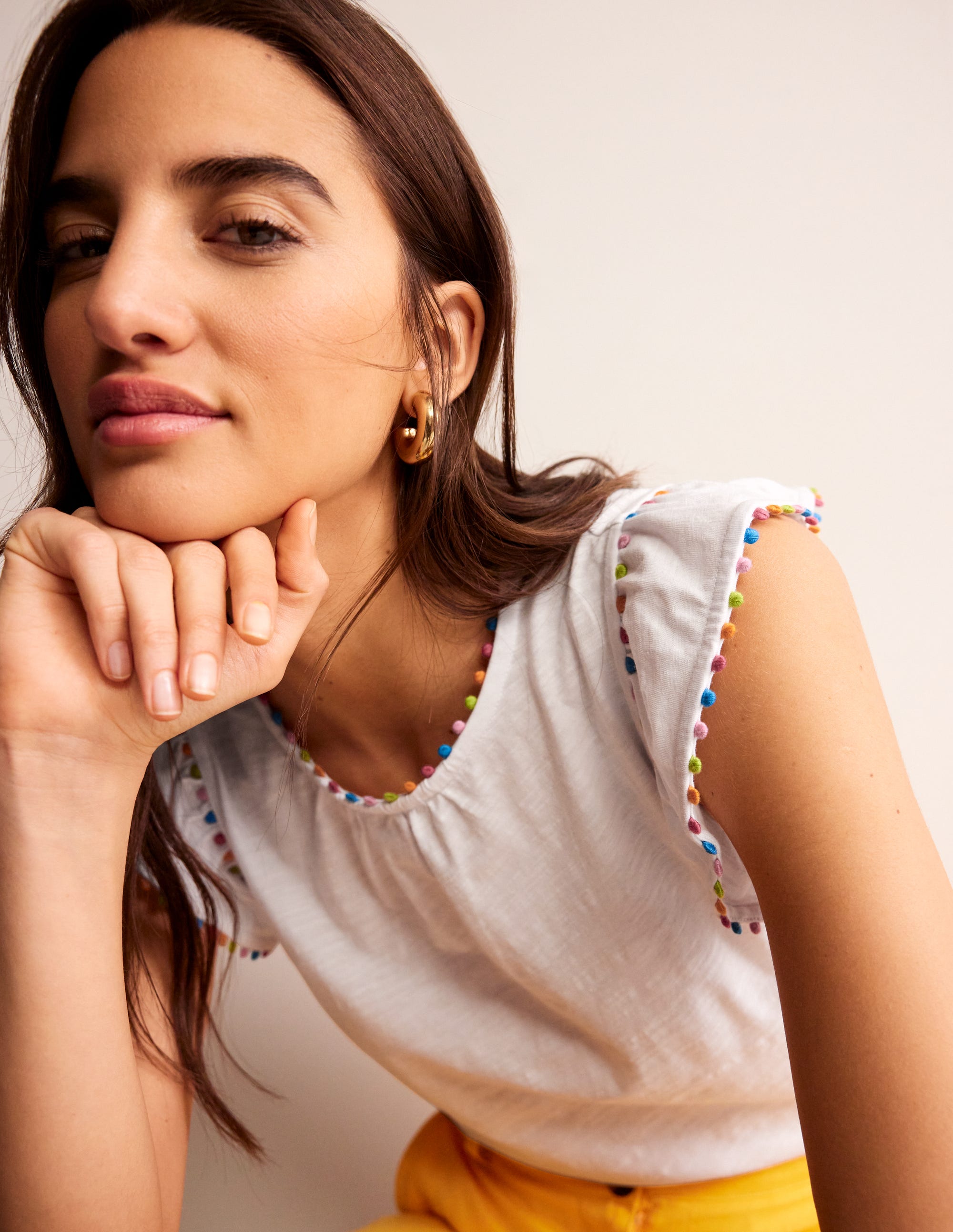 Pom Trim Ruffle Sleeve Top-White - Image 2