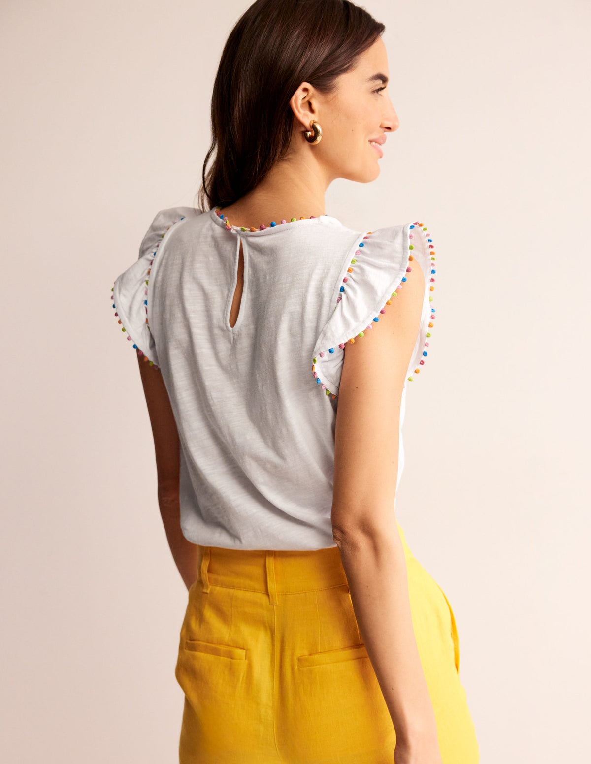 Pom Trim Ruffle Sleeve Top-White-3