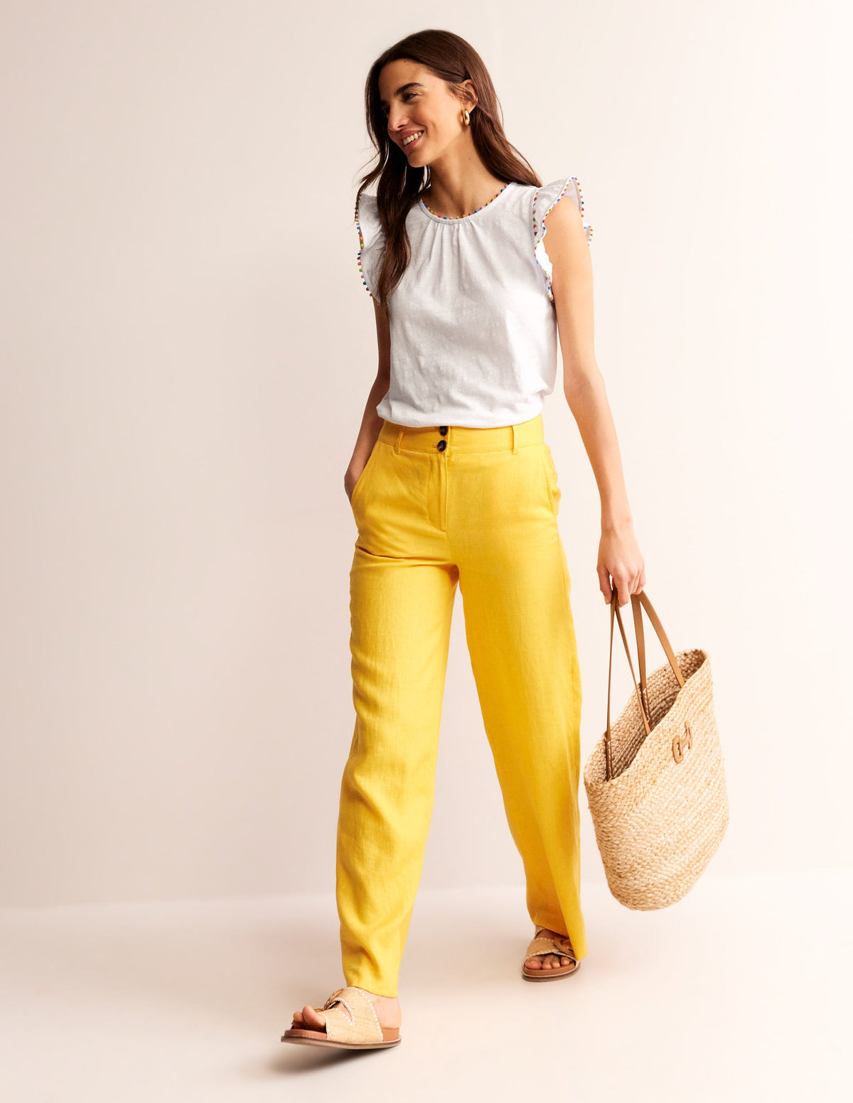 Pom Trim Ruffle Sleeve Top-White-4