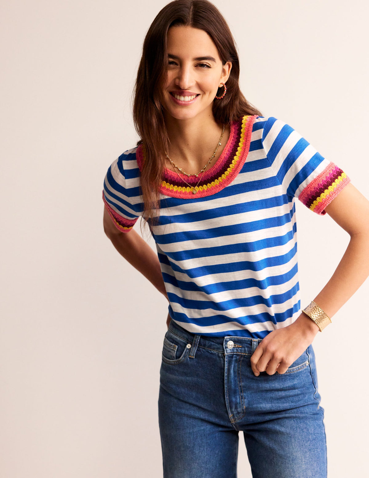 Crochet Crew Neck T-shirt-Blue, Ivory-1
