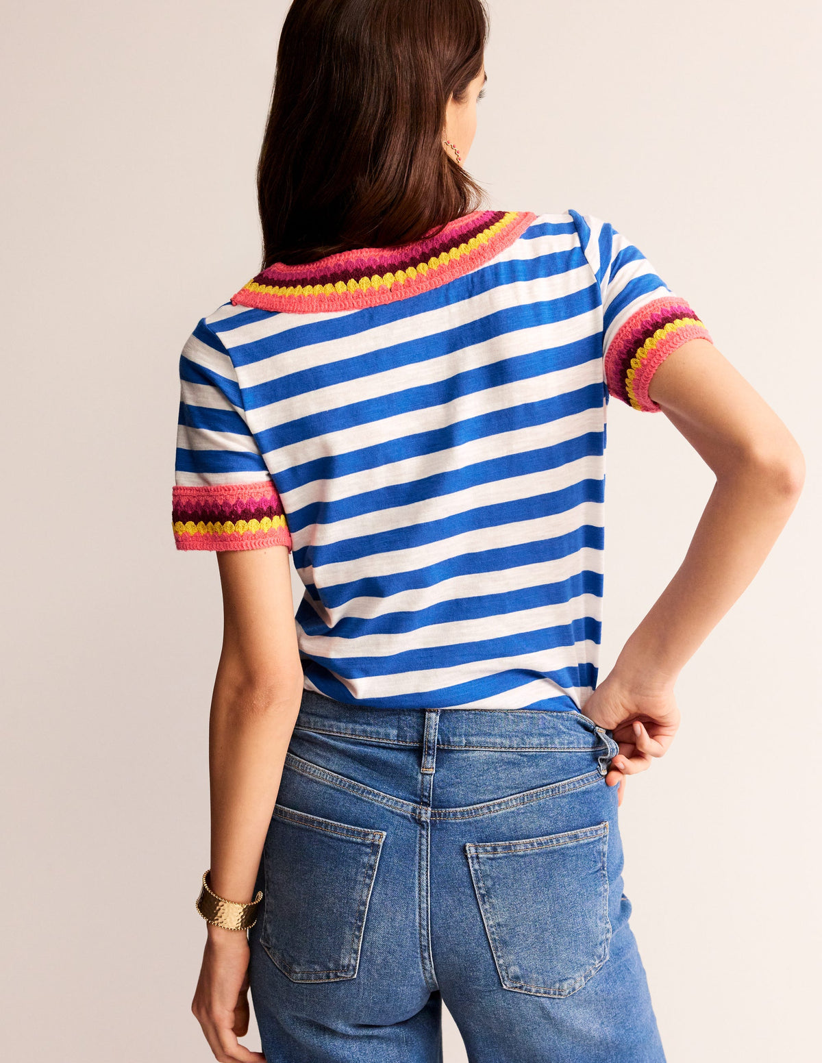 Crochet Crew Neck T-shirt-Blue, Ivory-3
