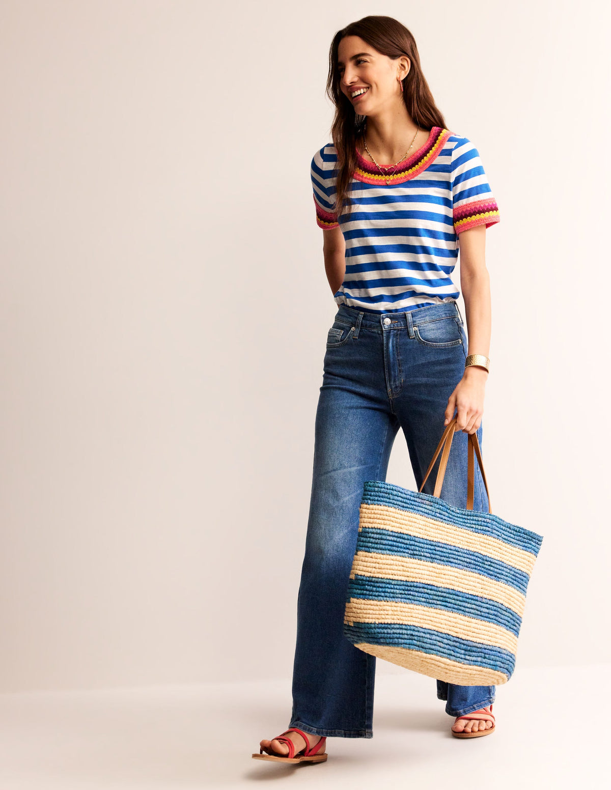 Crochet Crew Neck T-shirt-Blue, Ivory-4