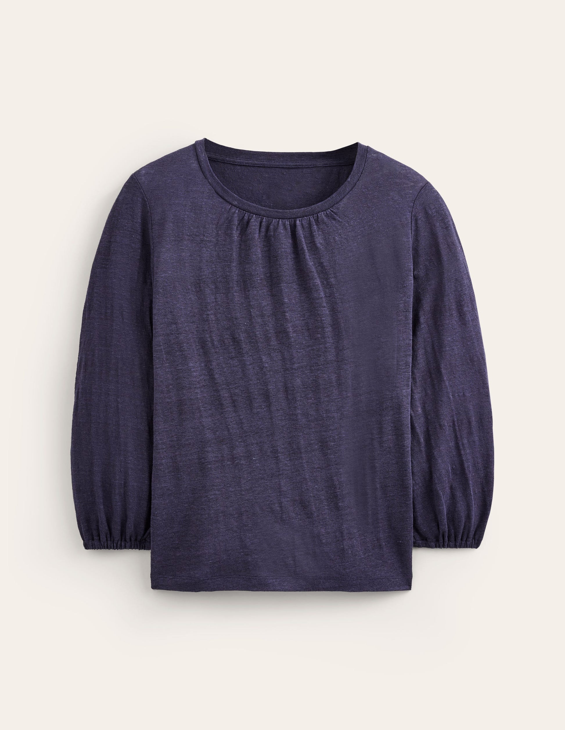 Gathered Neck Linen Jersey Top-Navy-5