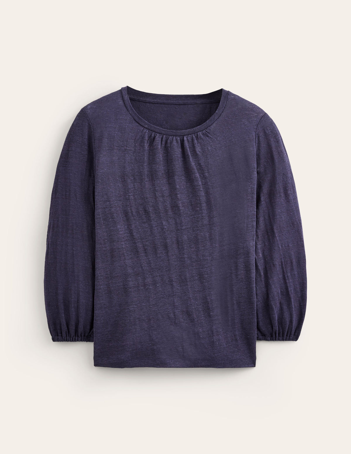 Gathered Neck Linen Jersey Top-Navy - Image 5