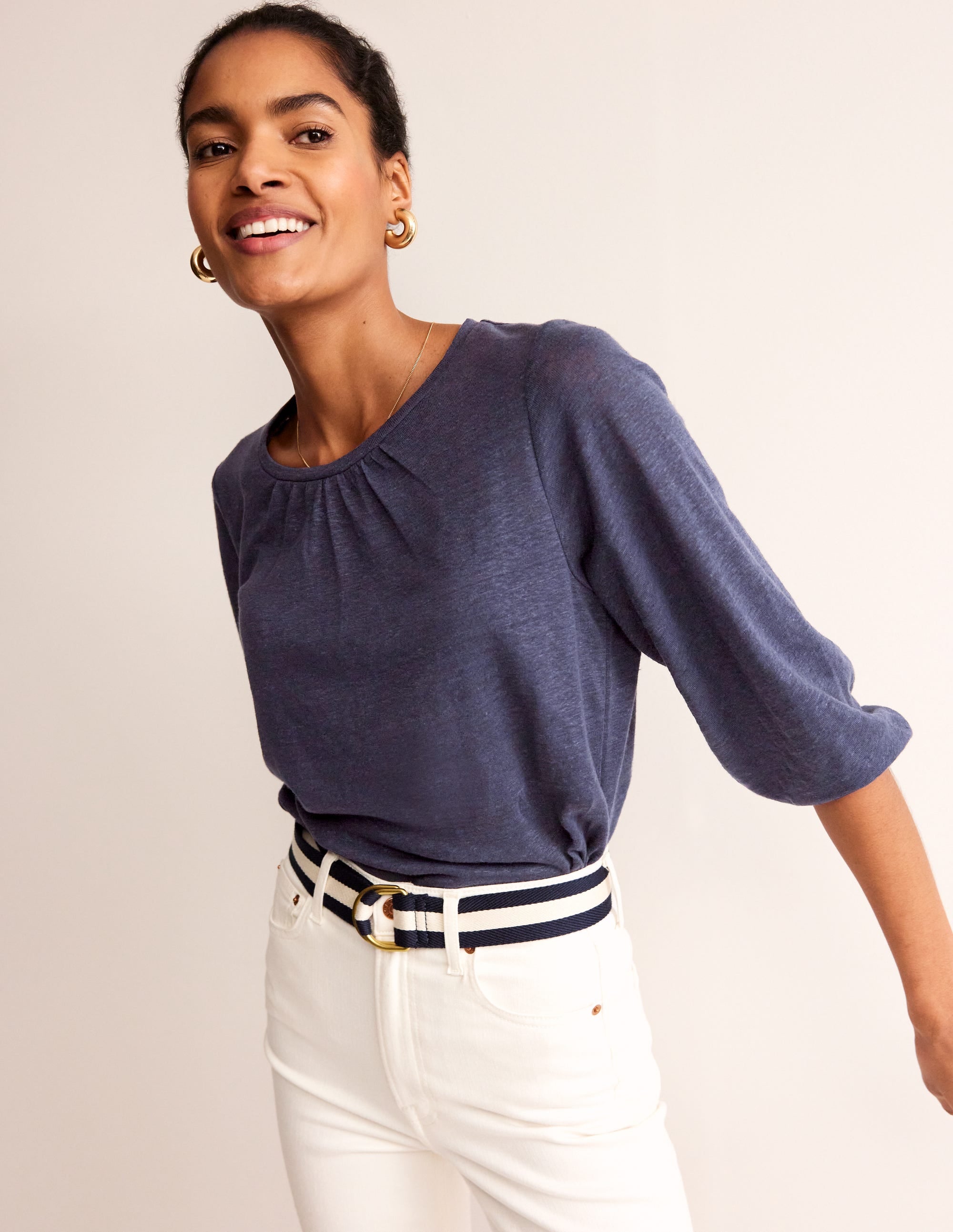 Gathered Neck Linen Jersey Top-Navy - Image 1