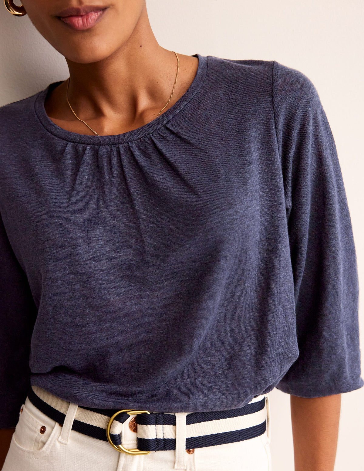 Gathered Neck Linen Jersey Top-Navy-2