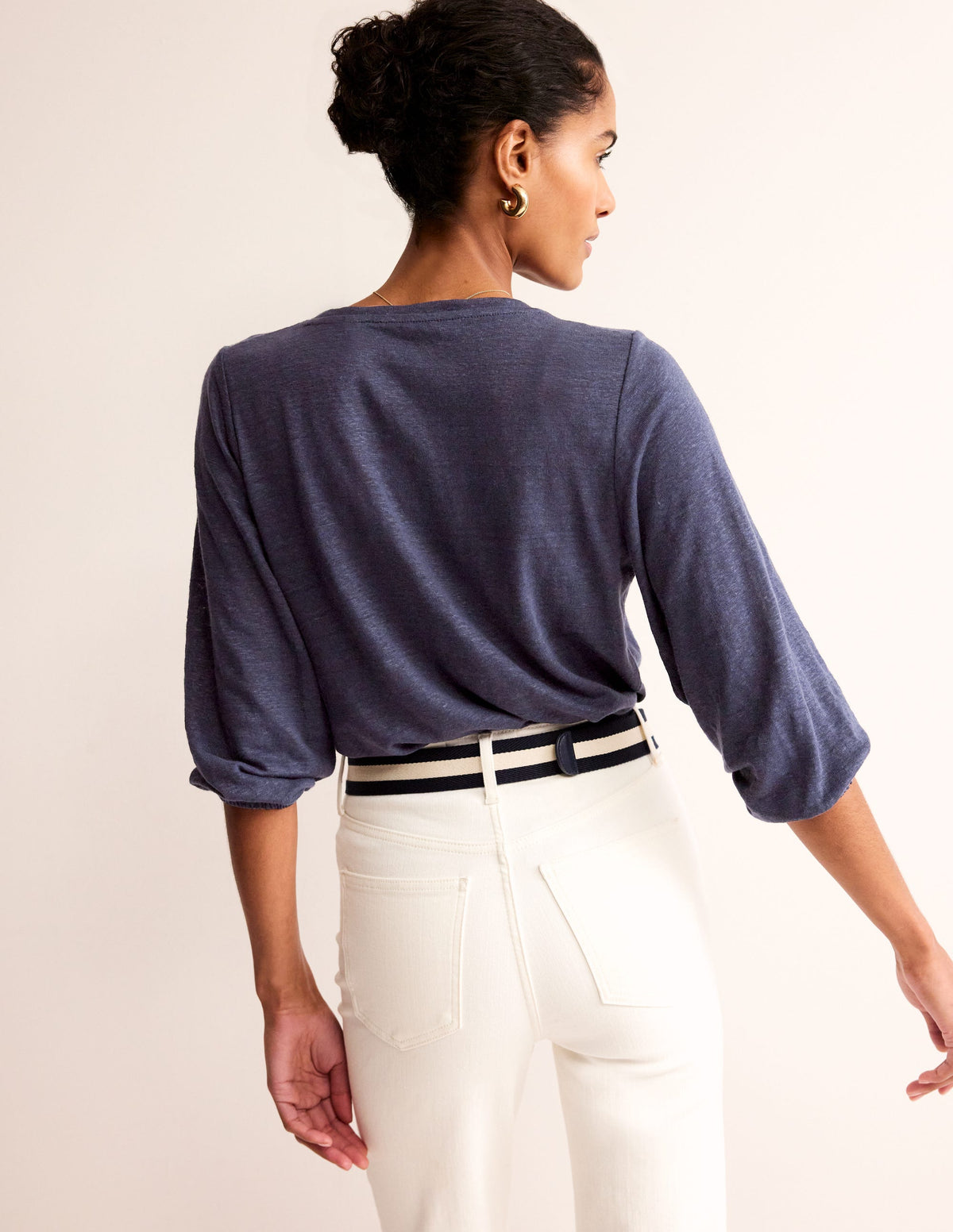Gathered Neck Linen Jersey Top-Navy-3