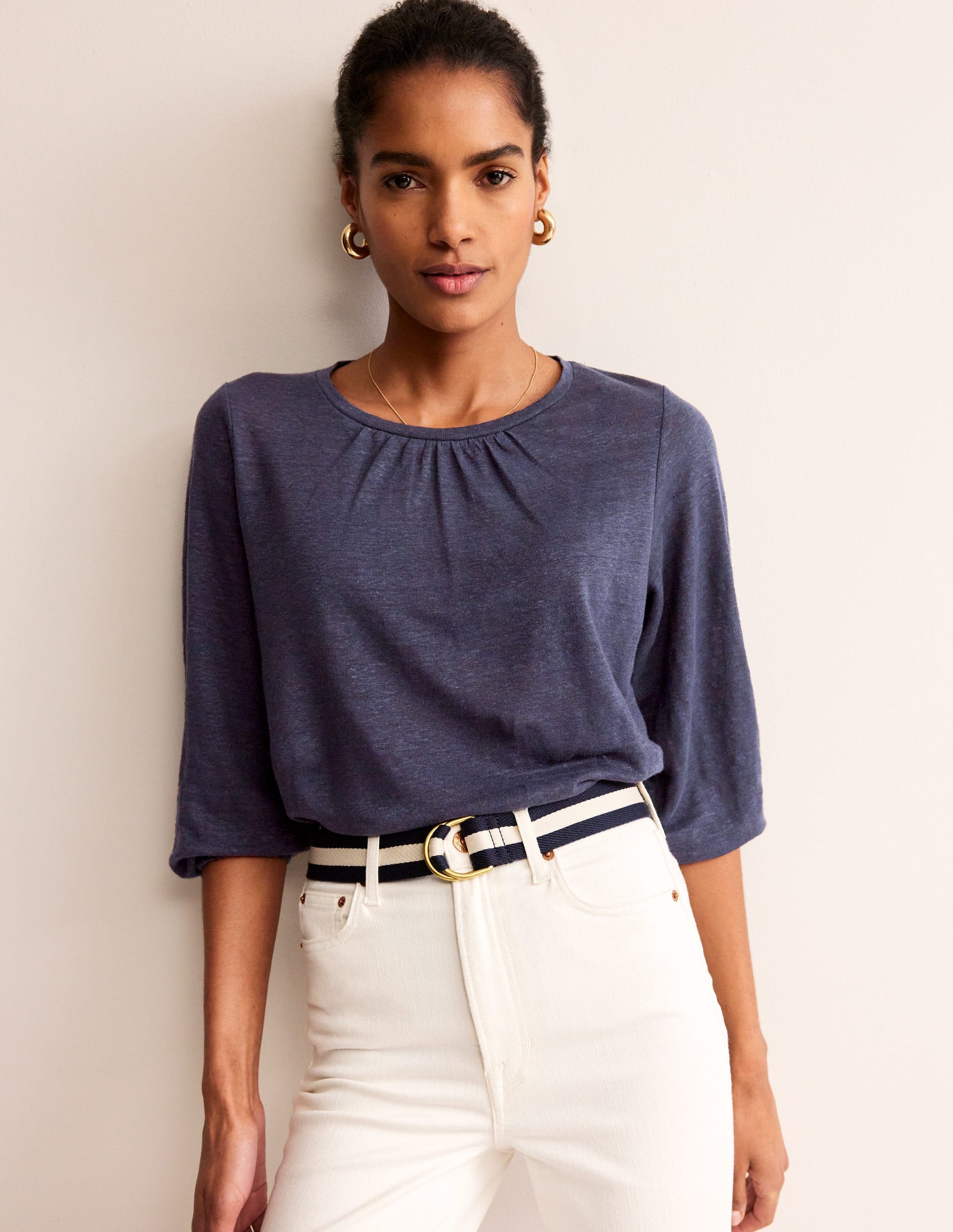 Gathered Neck Linen Jersey Top-Navy-4