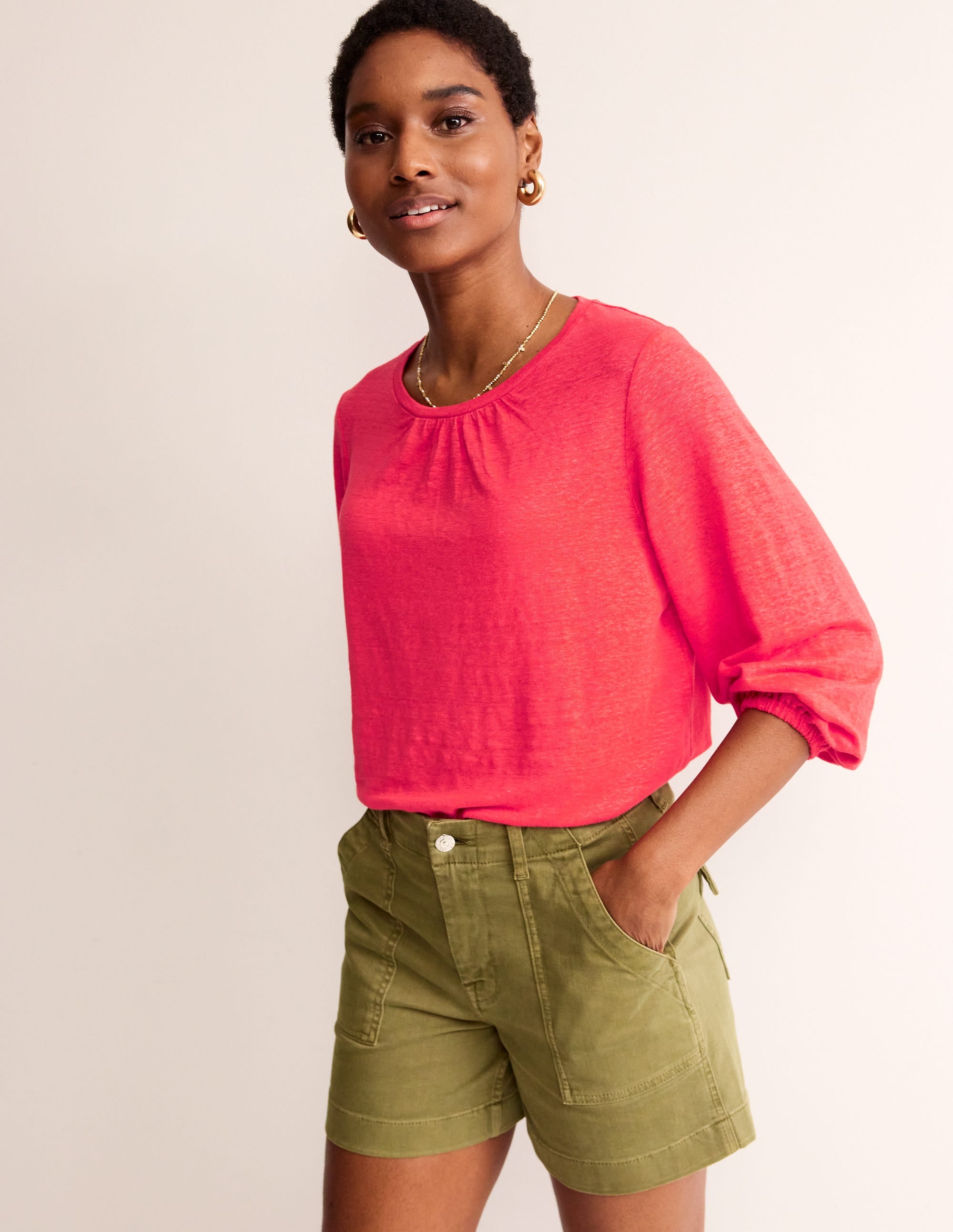 Gathered Neck Linen Jersey Top-Hibiscus - Image 1