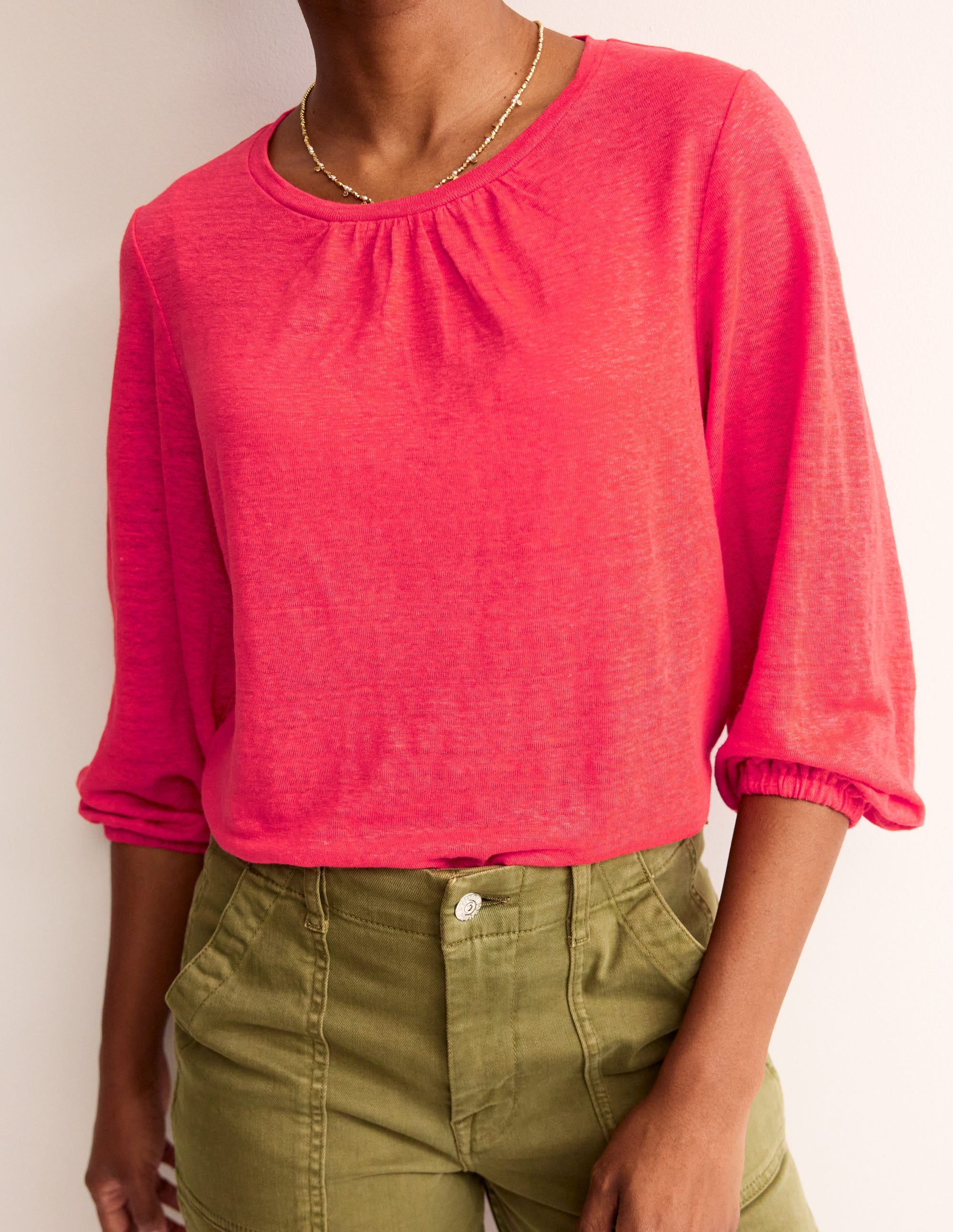 Gathered Neck Linen Jersey Top-Hibiscus - Image 2