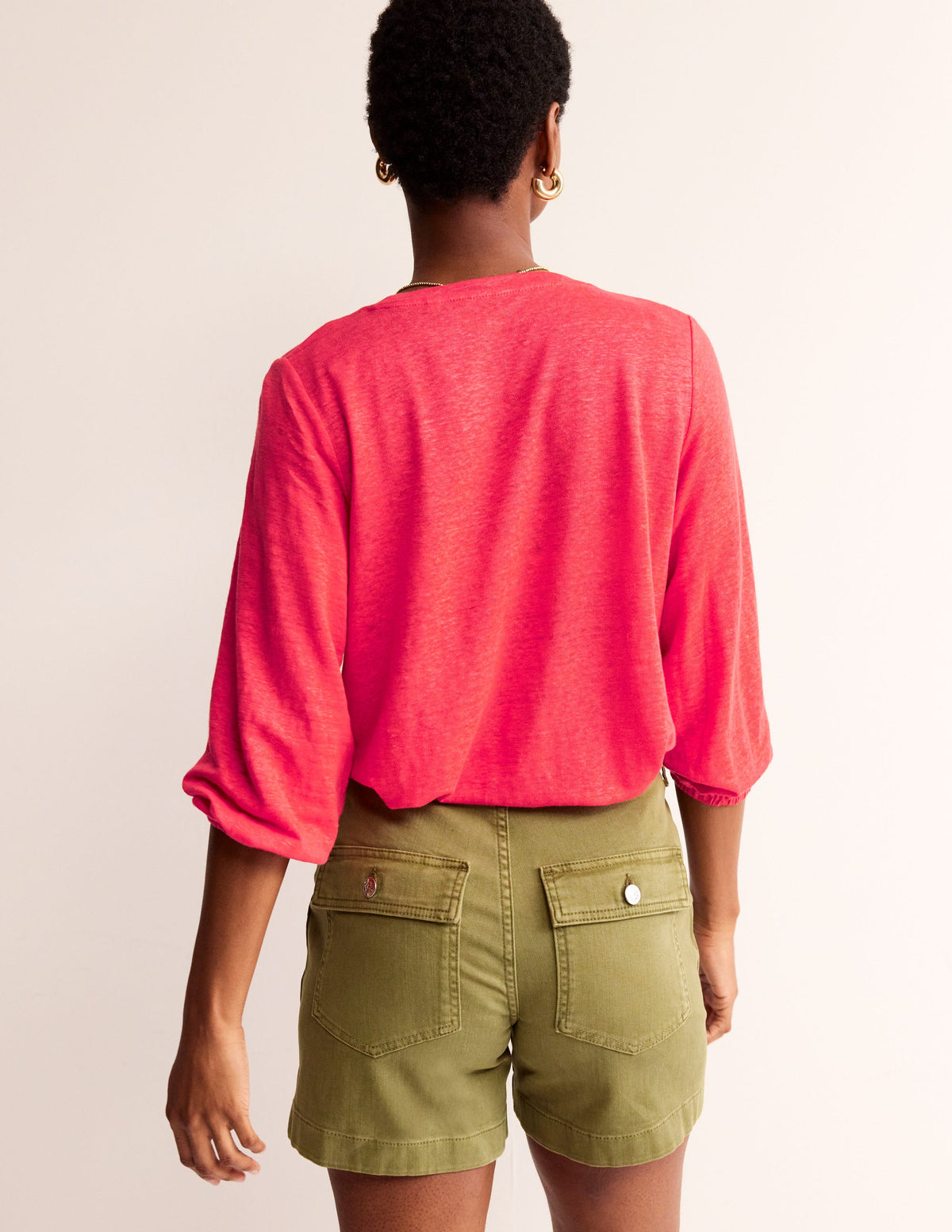 Gathered Neck Linen Jersey Top-Hibiscus - Image 3
