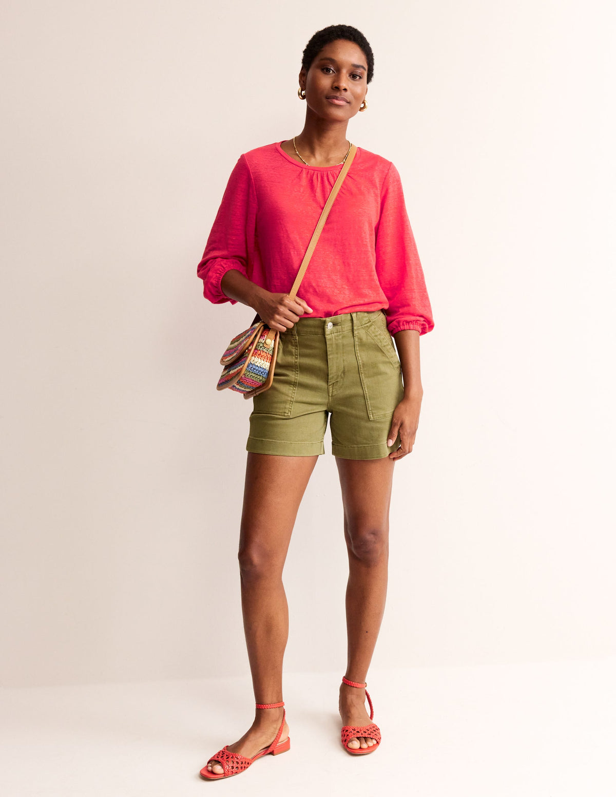 Gathered Neck Linen Jersey Top-Hibiscus - Image 4