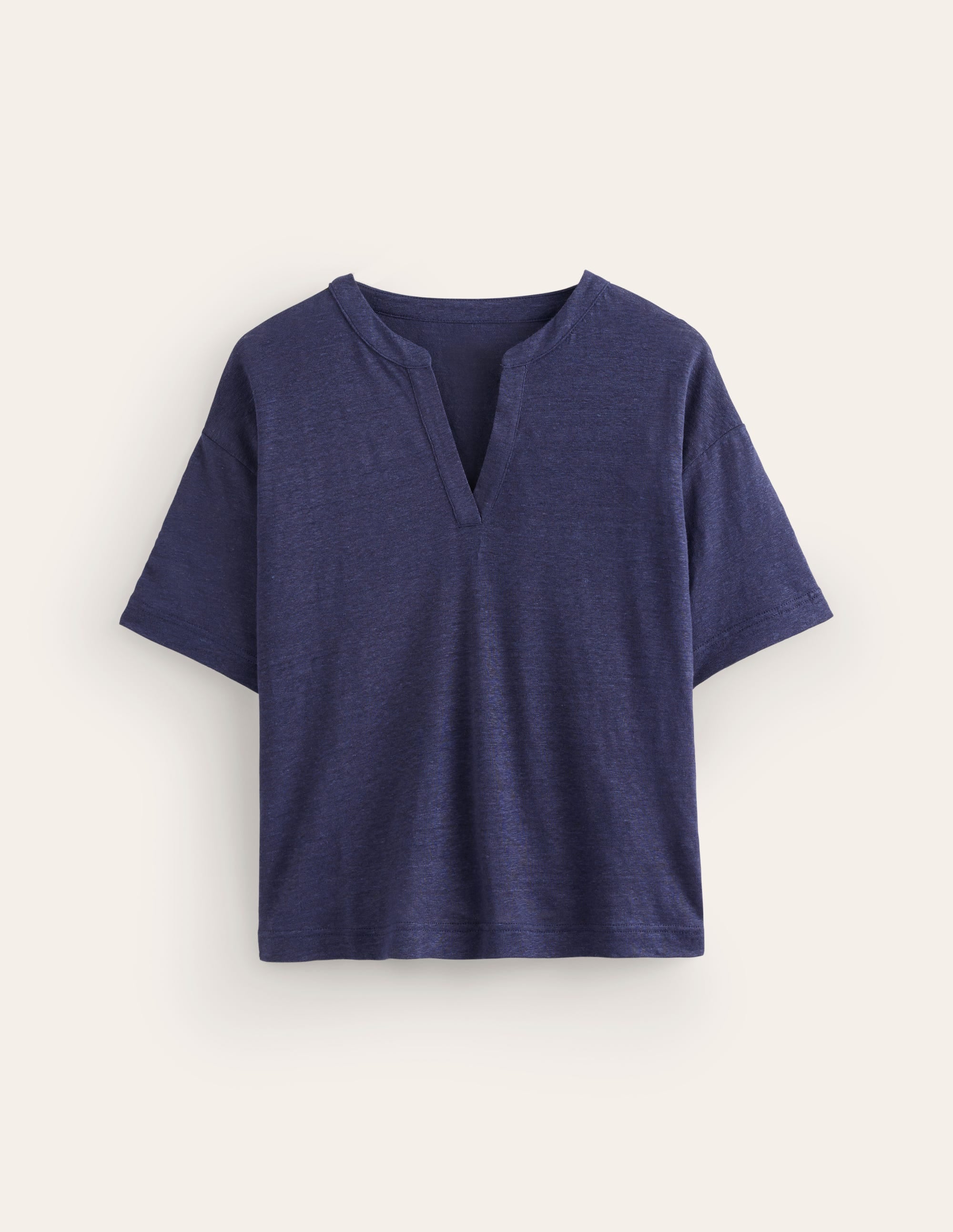 Notch Neck Linen Henley Top-Navy - Image 5