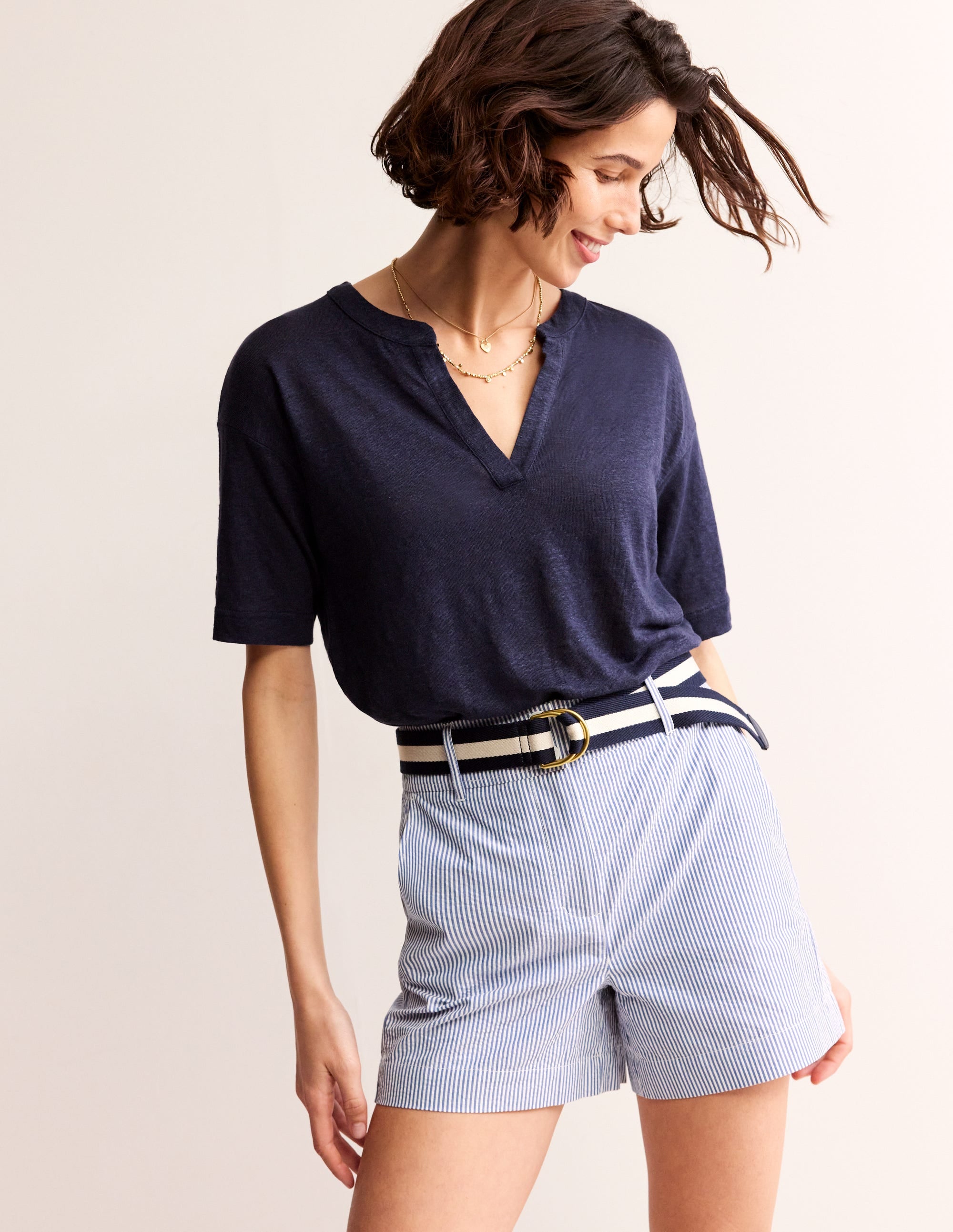 Notch Neck Linen Henley Top-Navy - Image 1