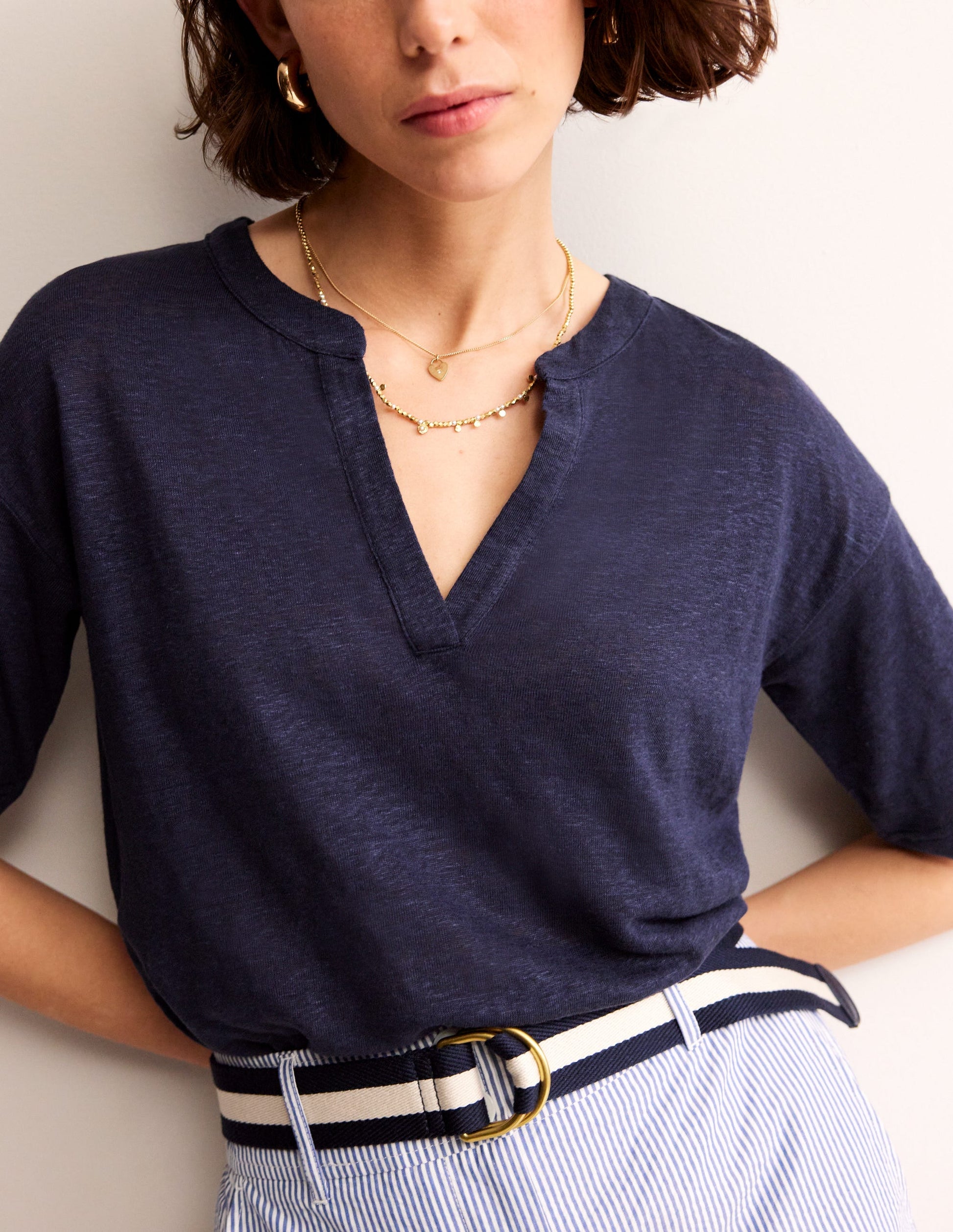 Notch Neck Linen Henley Top-Navy-2