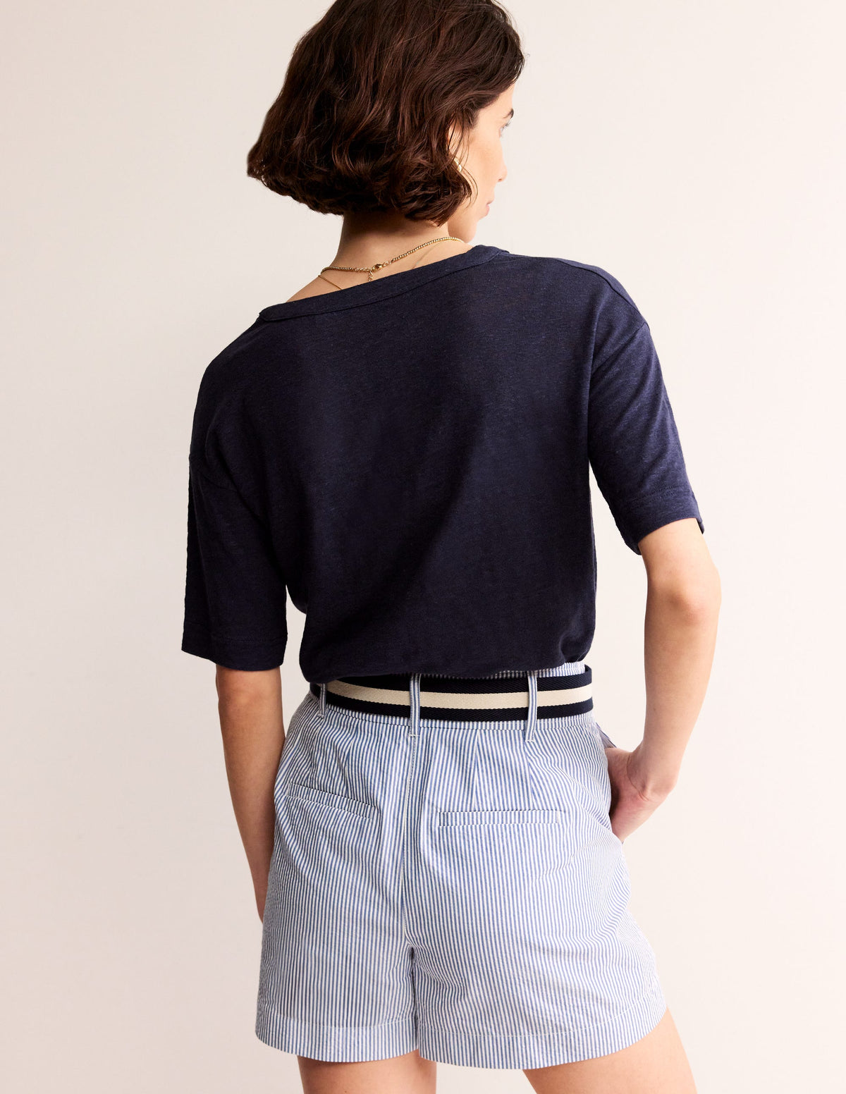 Notch Neck Linen Henley Top-Navy - Image 3