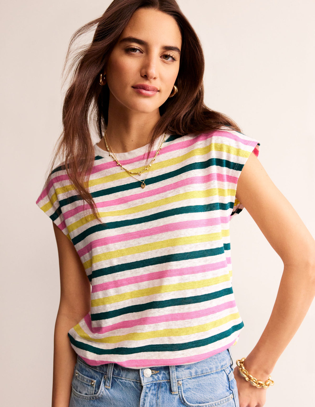 Louisa Crew Neck Linen T-shirt-Multi Stripe - Image 1