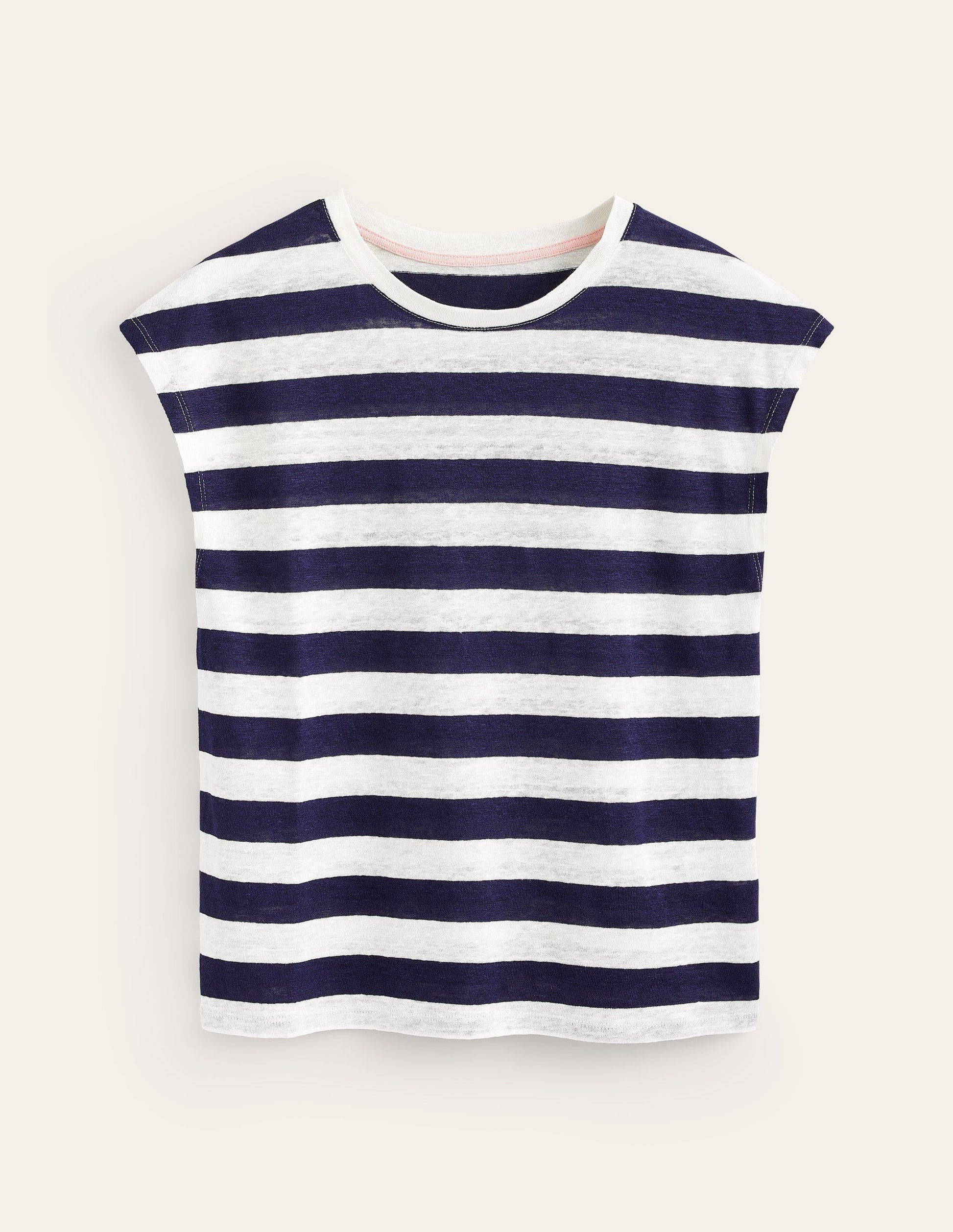 Louisa Crew Neck Linen T-shirt-Navy, Ivory Stripe-5