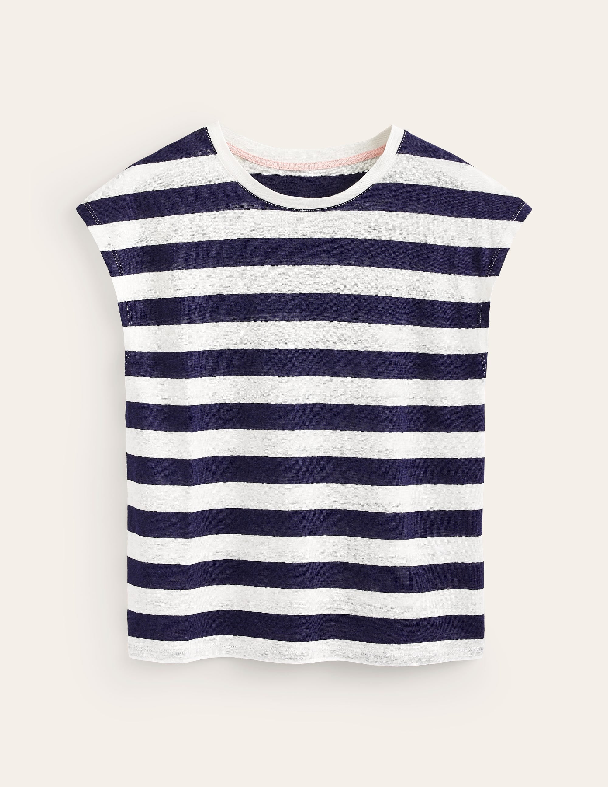 Louisa Crew Neck Linen T-shirt-Navy, Ivory Stripe - Image 5