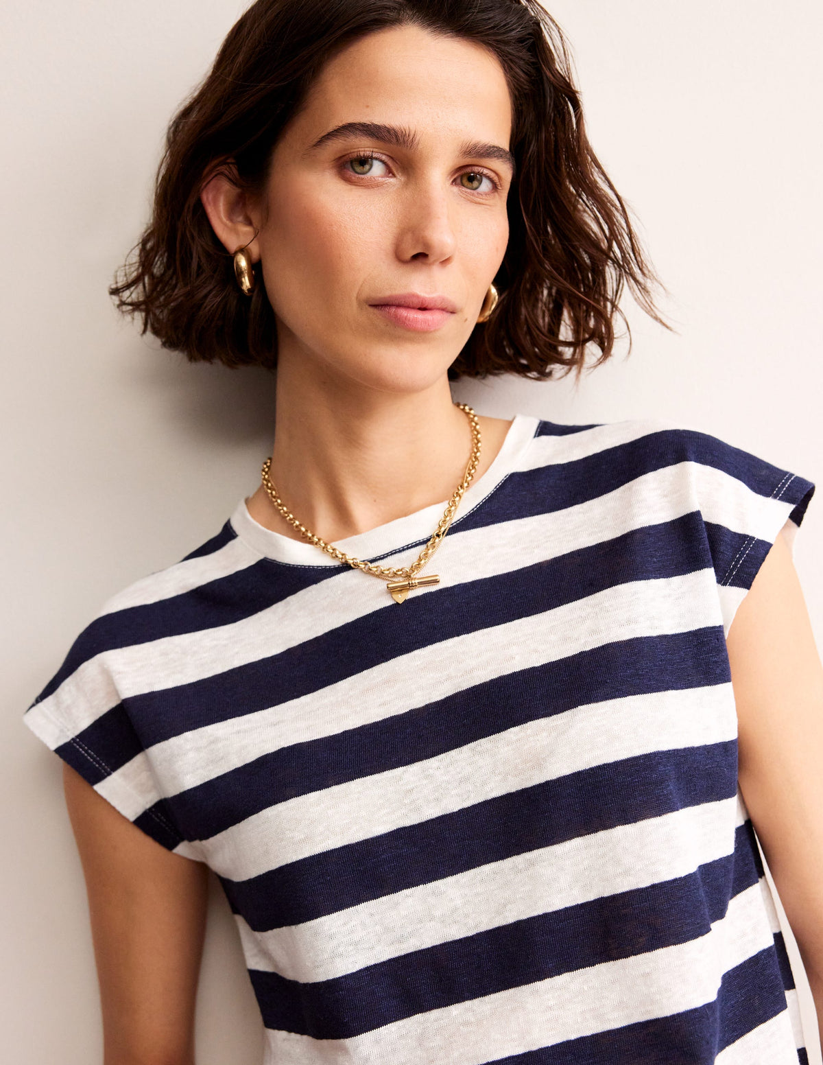 Louisa Crew Neck Linen T-shirt-Navy, Ivory Stripe - Image 1