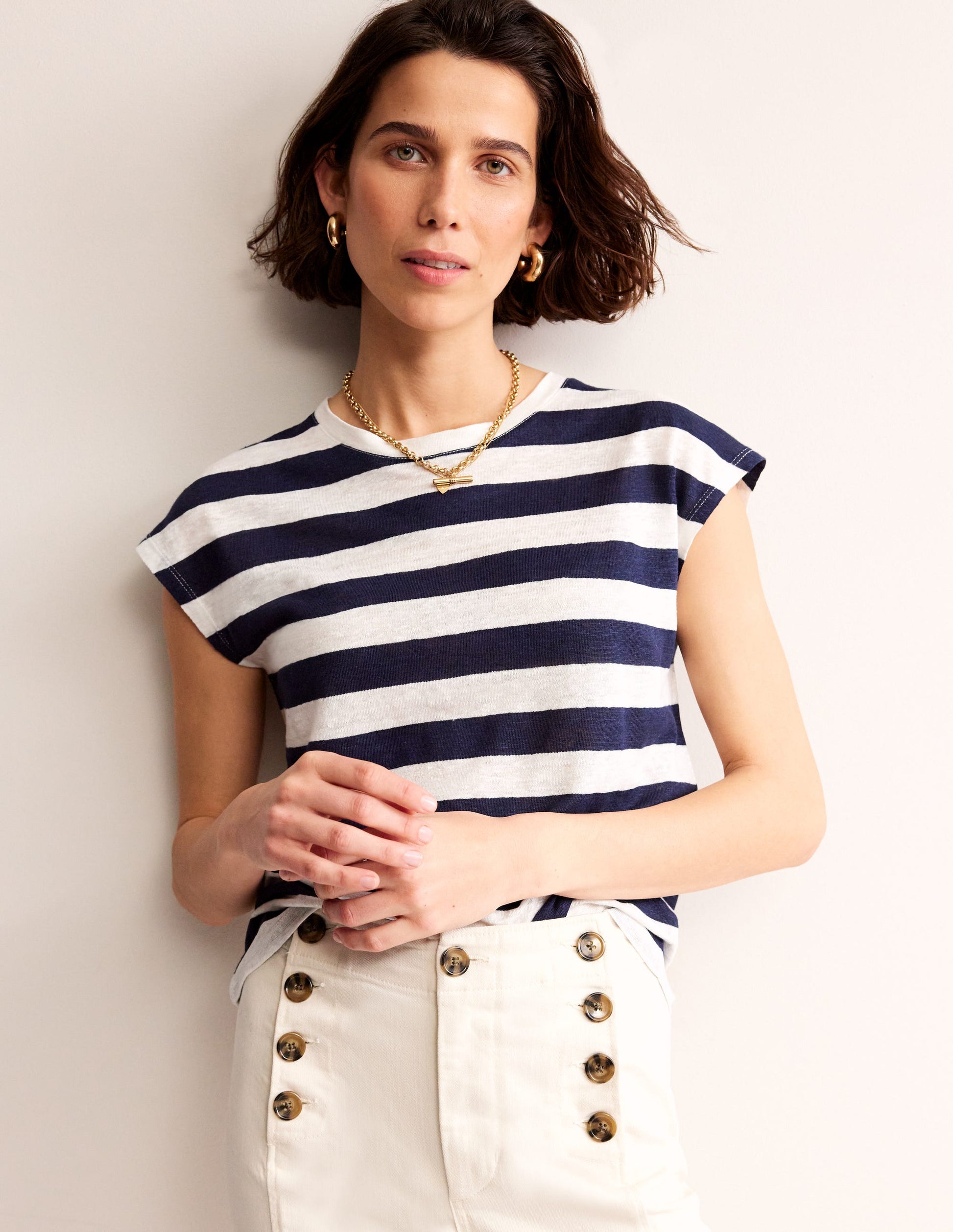 Louisa Crew Neck Linen T-shirt-Navy, Ivory Stripe-2