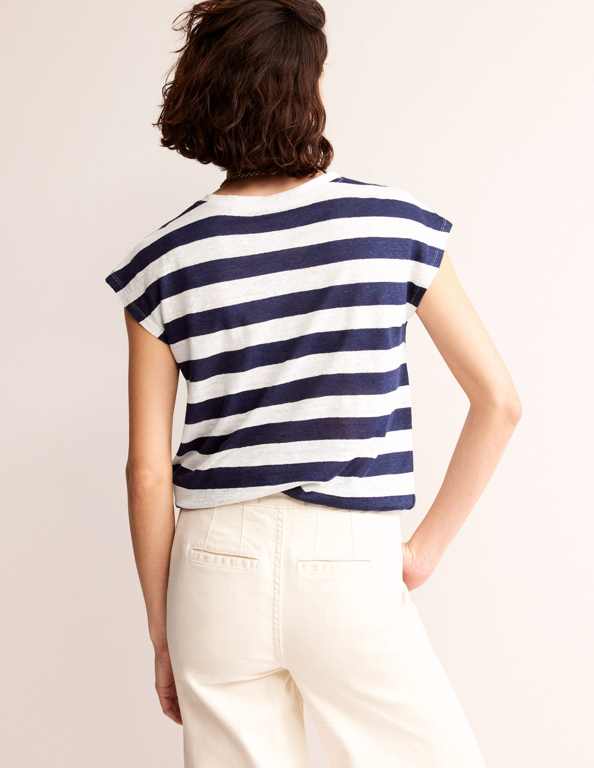 Louisa Crew Neck Linen T-shirt-Navy, Ivory Stripe-3