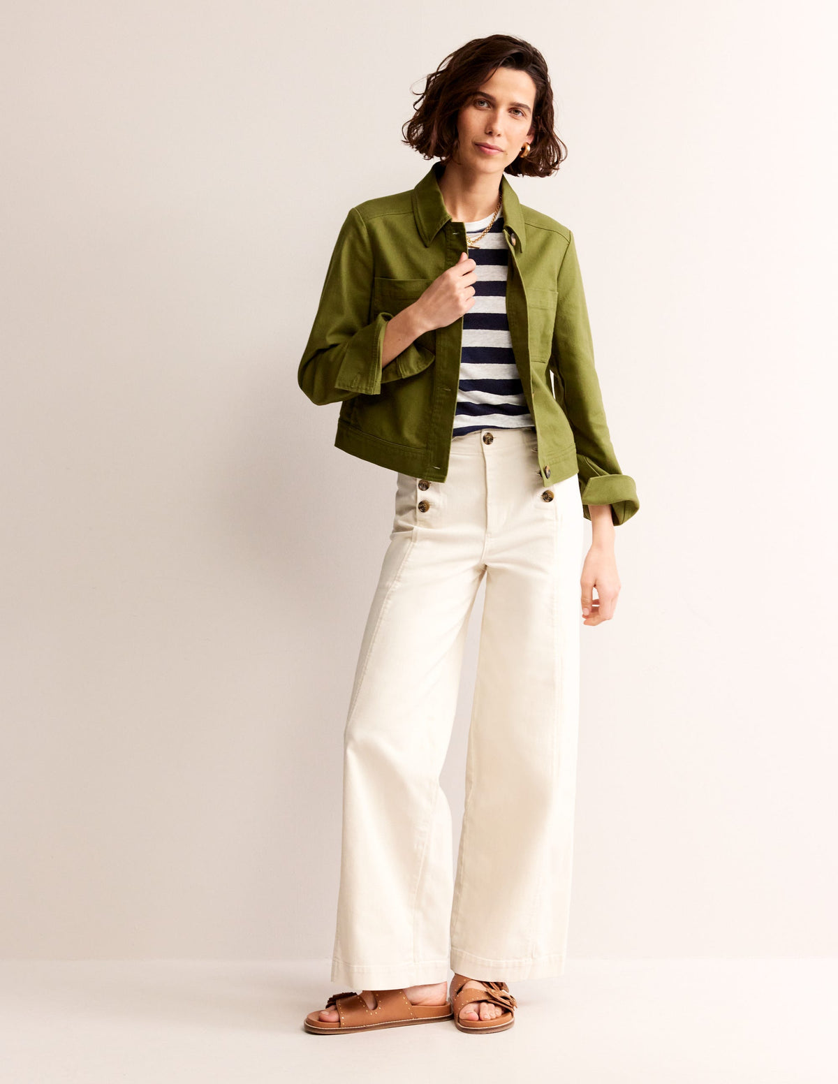 Louisa Crew Neck Linen T-shirt-Navy, Ivory Stripe-4
