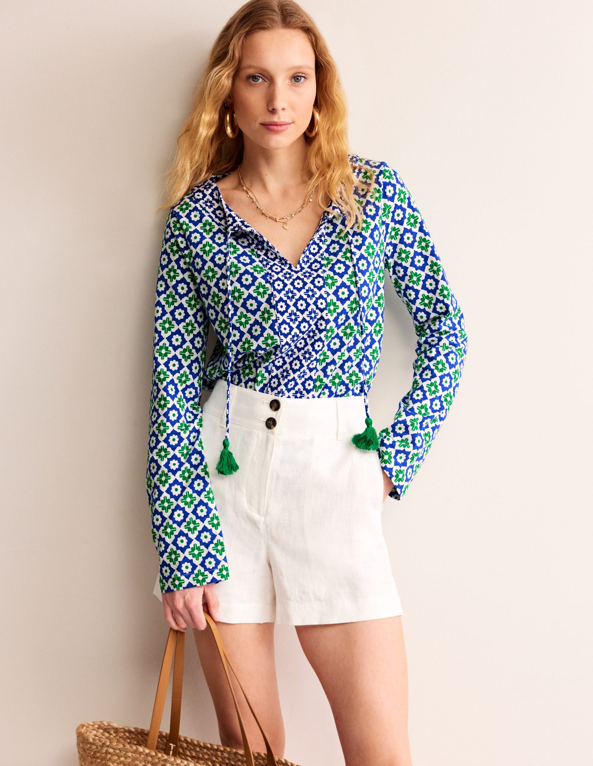 Printed Tie Neck Top-Green Tambourine, Geometric-1