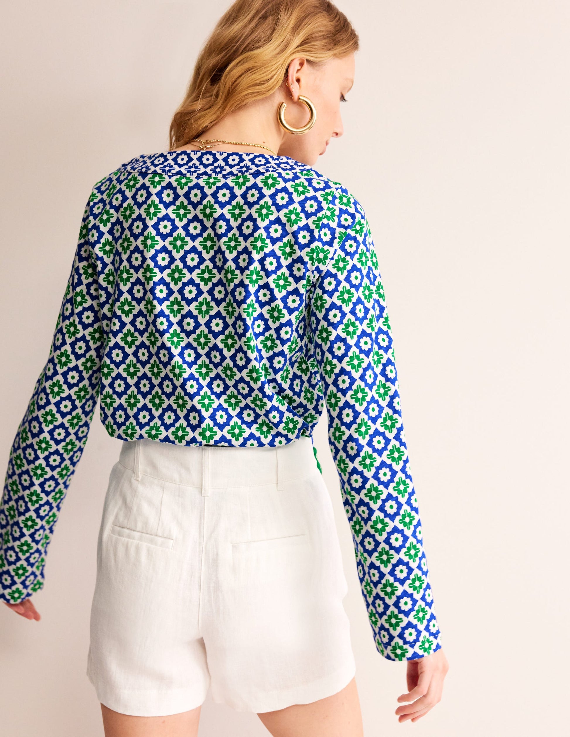 Printed Tie Neck Top-Green Tambourine, Geometric-3
