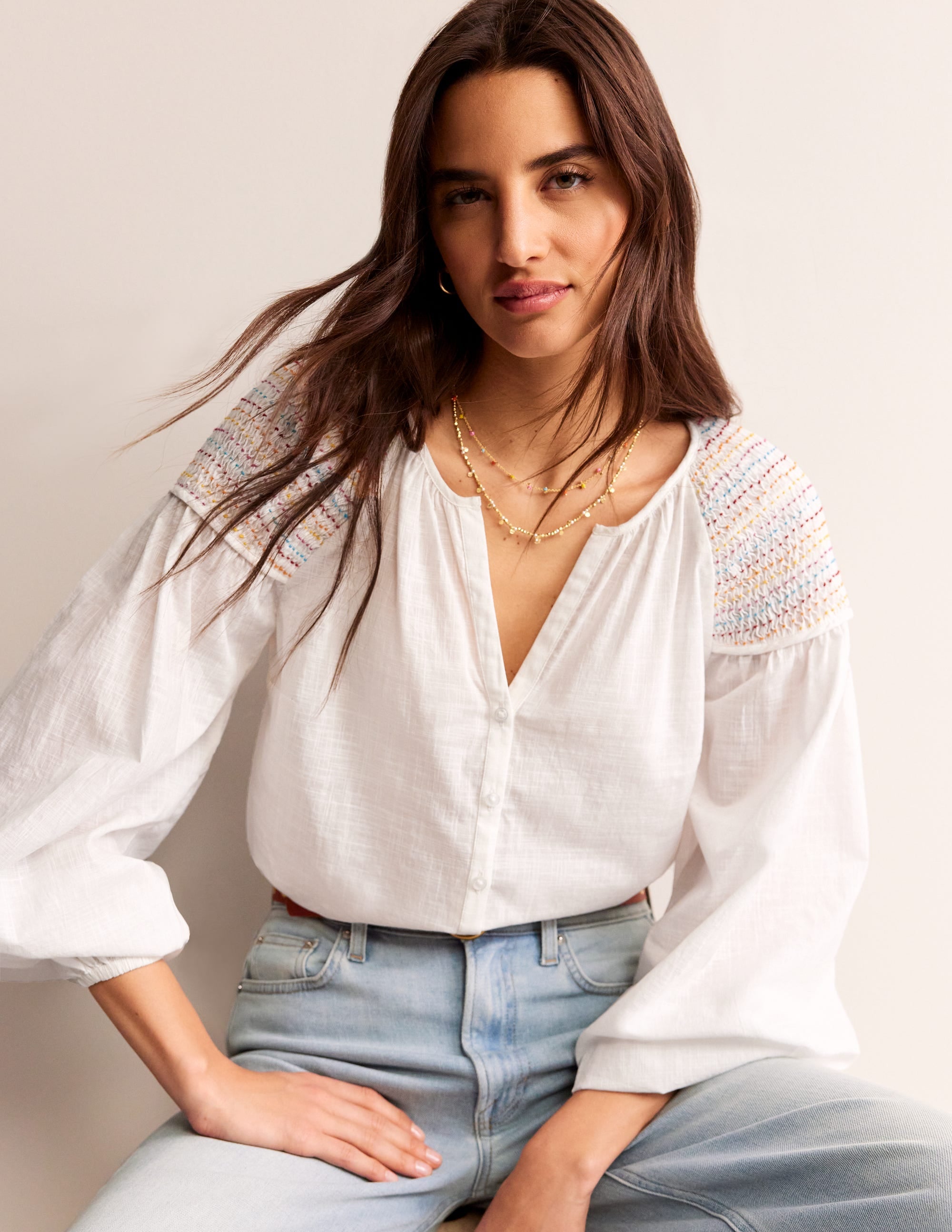 Cotton Smocked Blouse-White - Image 1