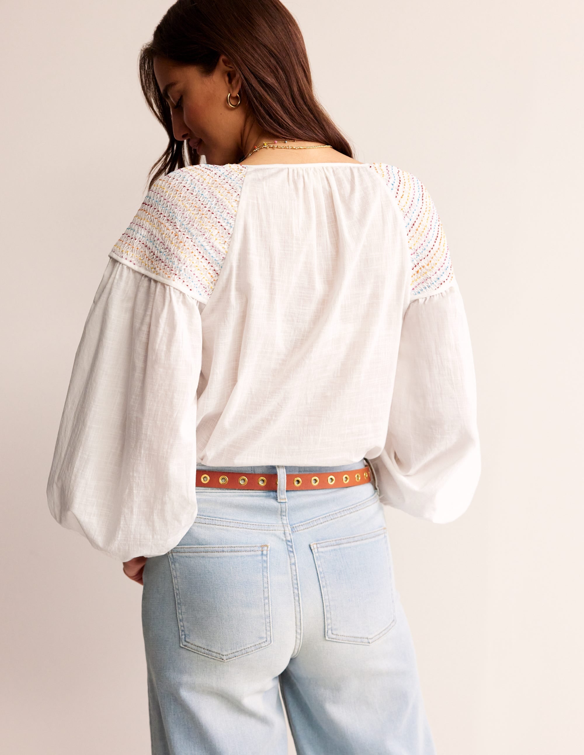 Cotton Smocked Blouse-White - Image 3