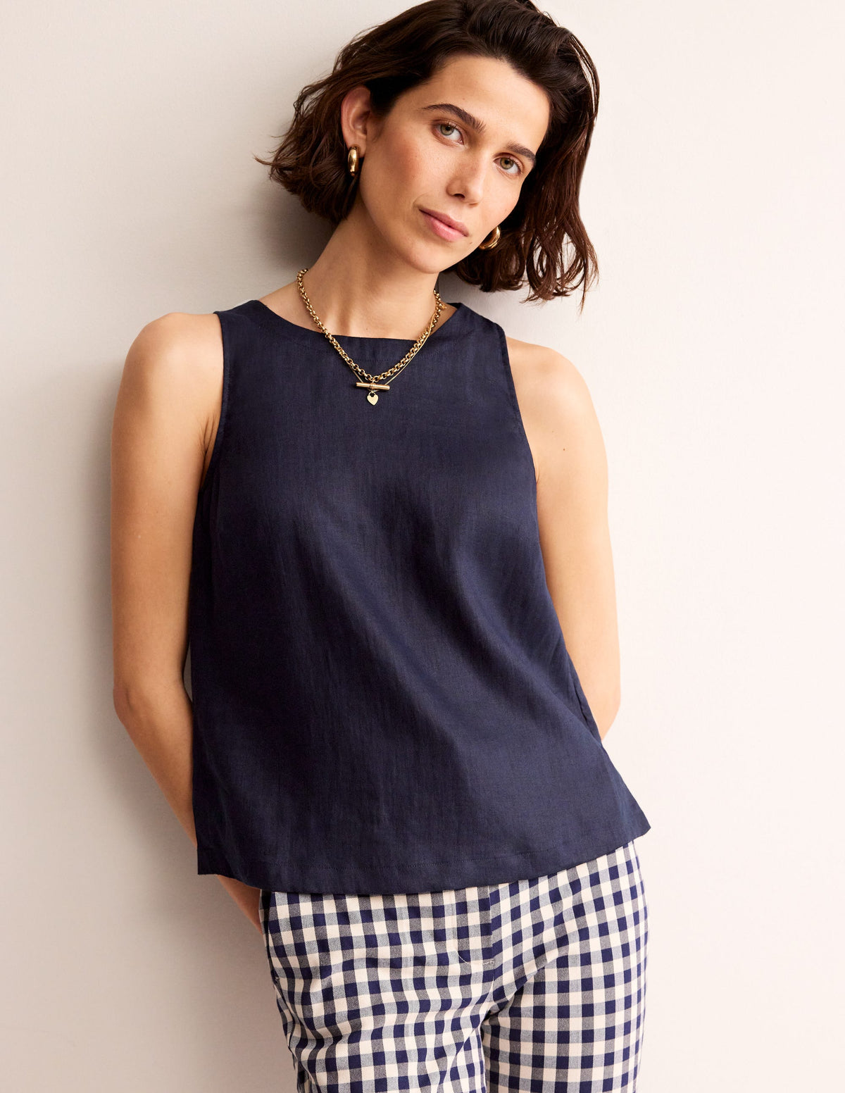 Linen Sleeveless Shell Top-Navy - Image 1