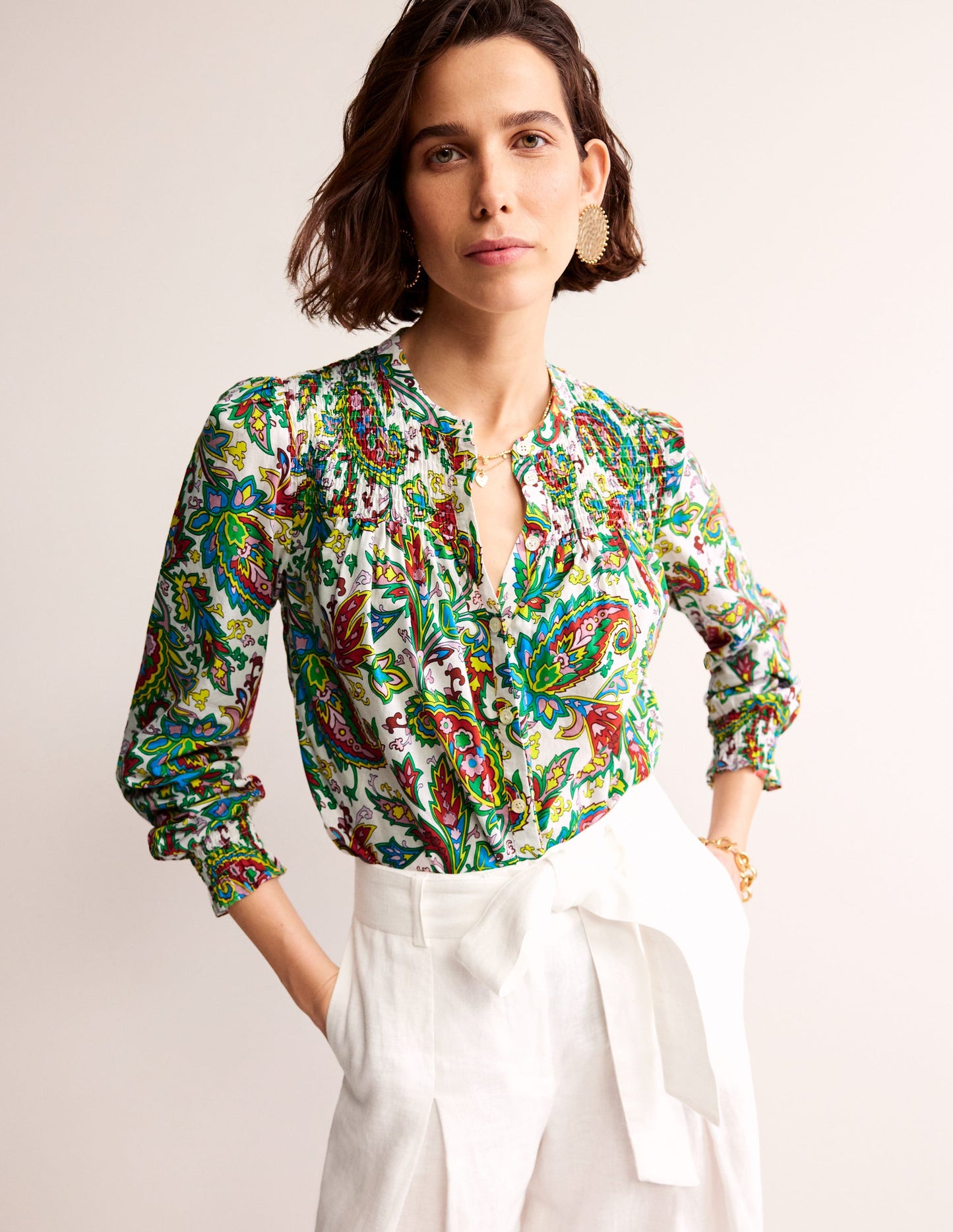 Helena Cotton Blouse-Ivory, Paisley Azure