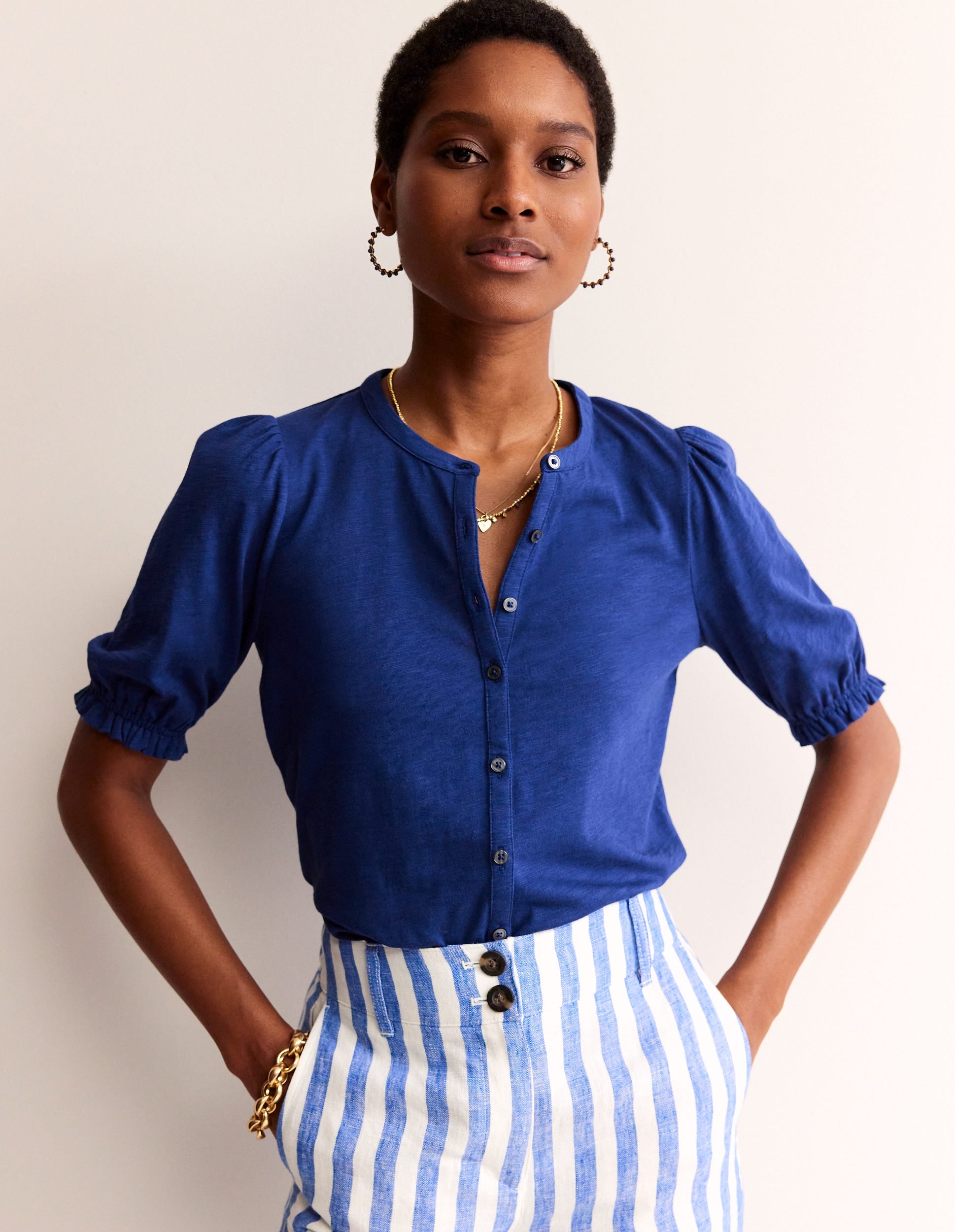 Dolly Puff Sleeve Jersey Shirt-Navy Peony - Image 1