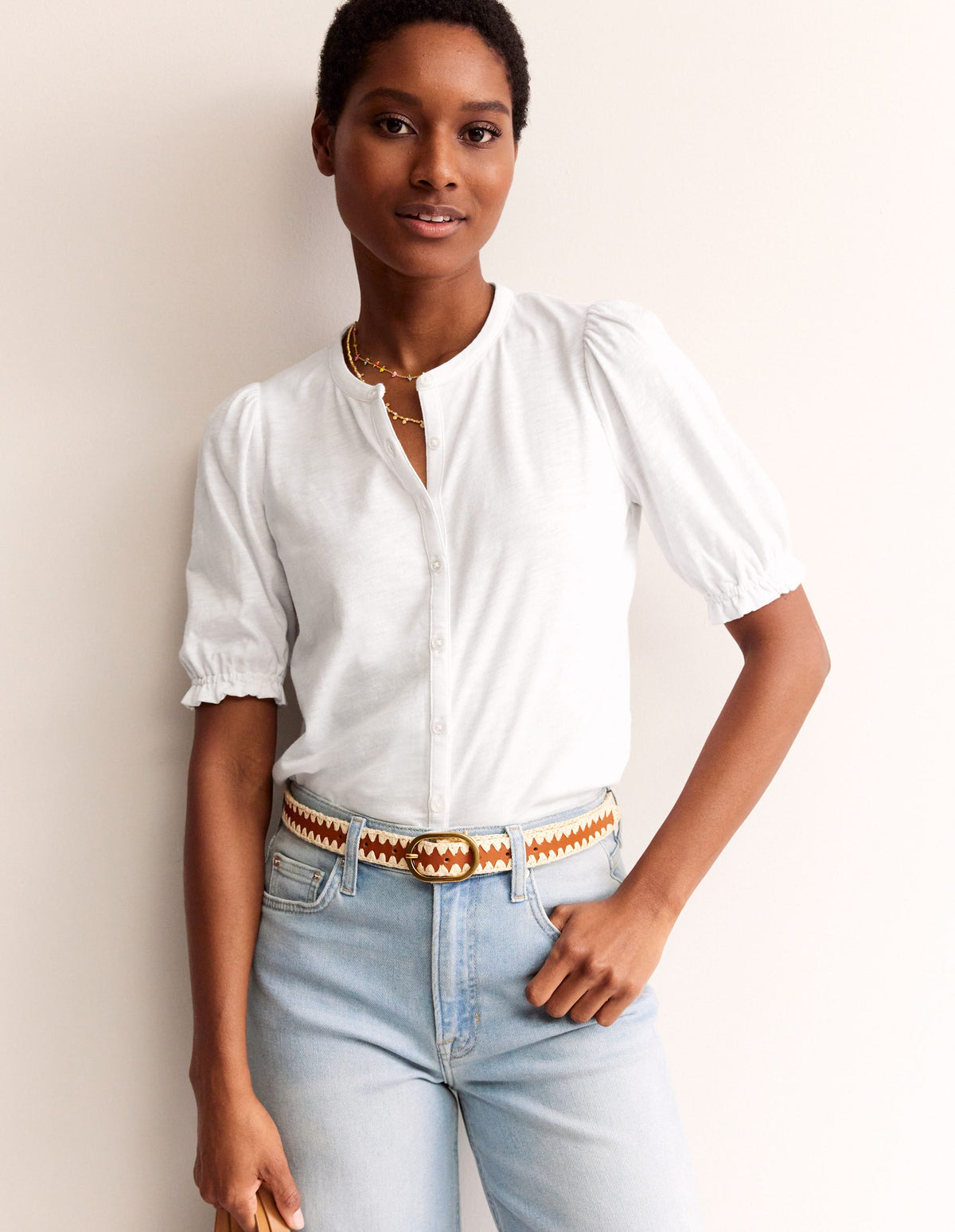 Dolly Puff Sleeve Jersey Shirt-White-1