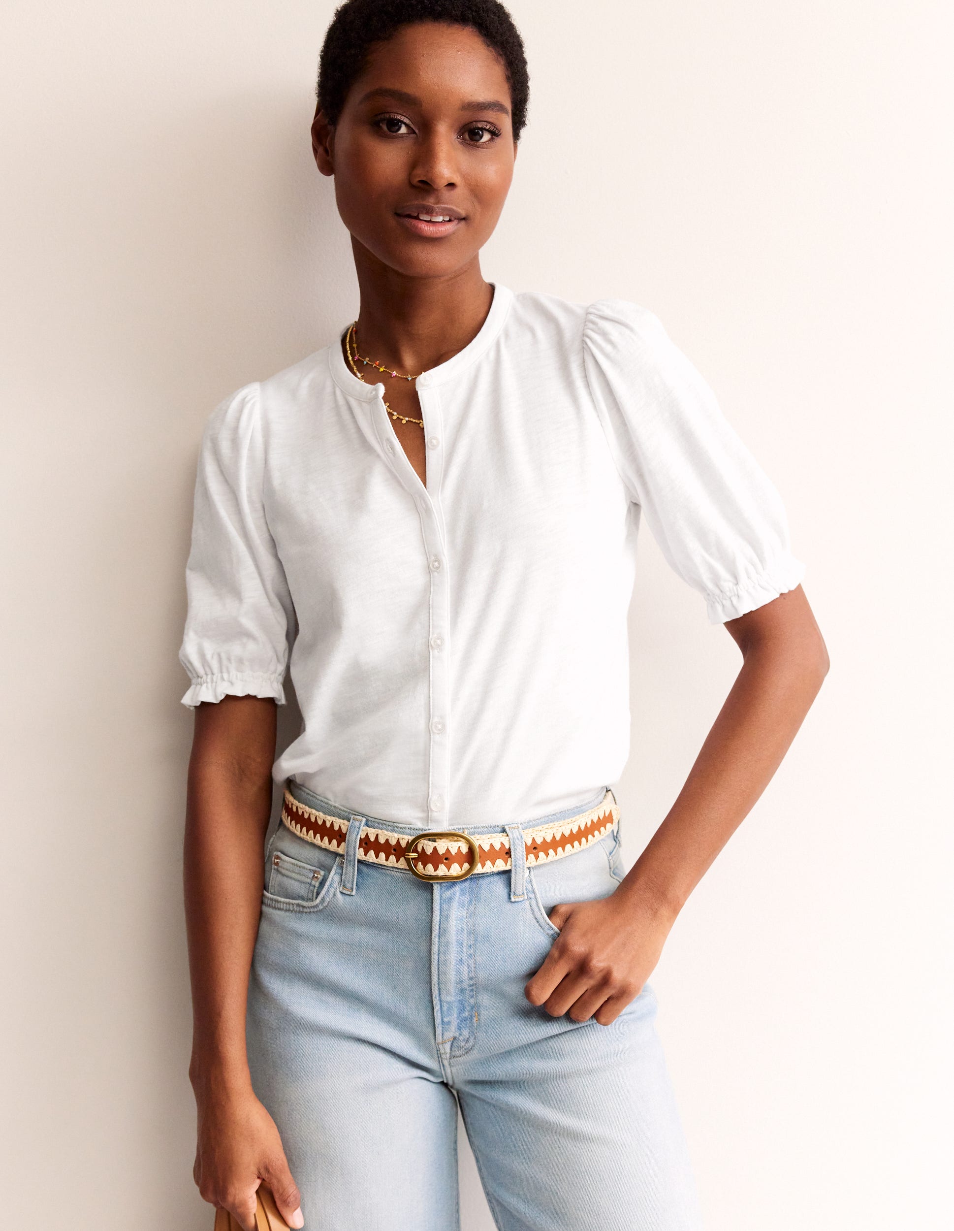 Dolly Puff Sleeve Jersey Shirt-White - Image 1