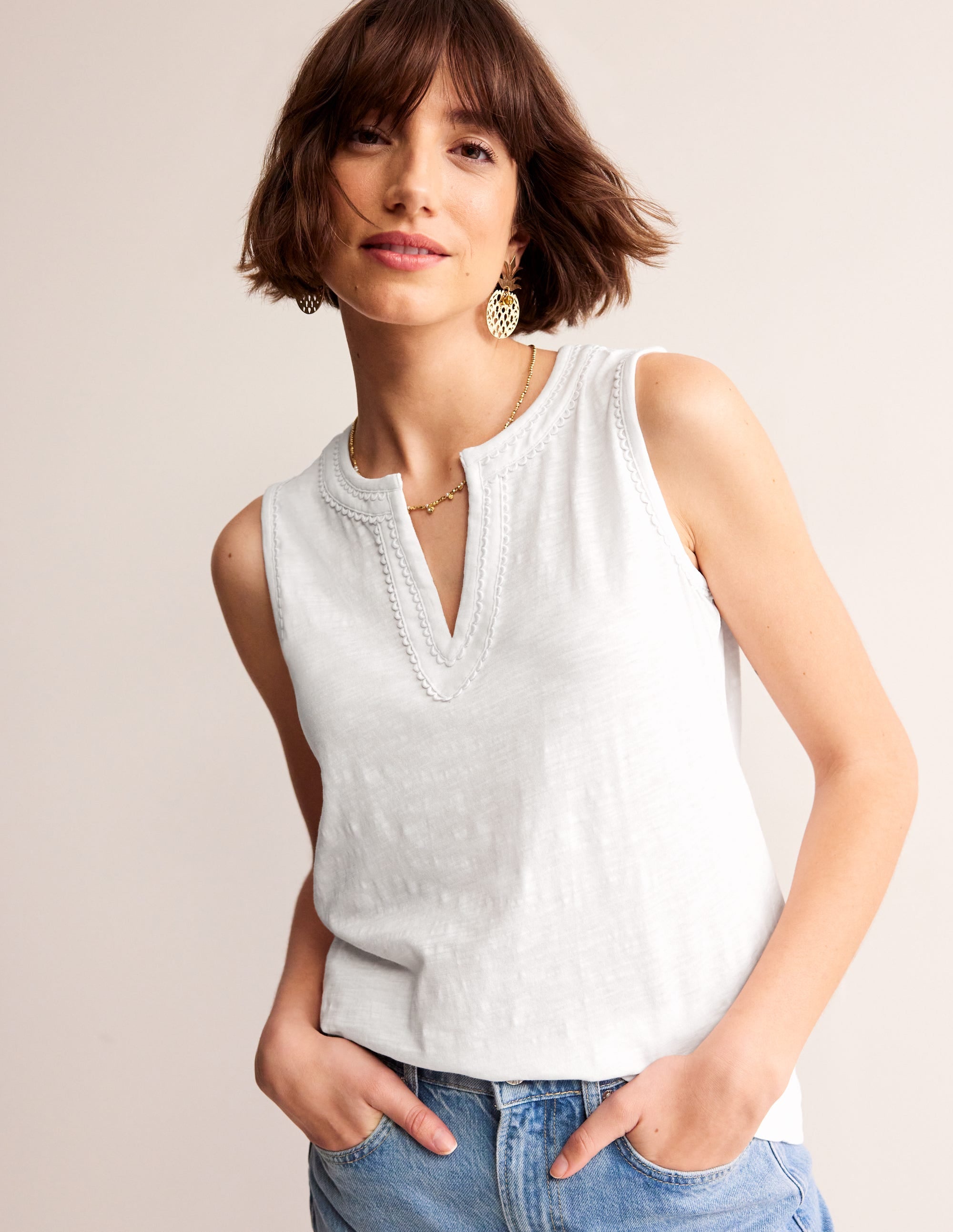 Pom Trim Detail Tank Top-White - Image 1