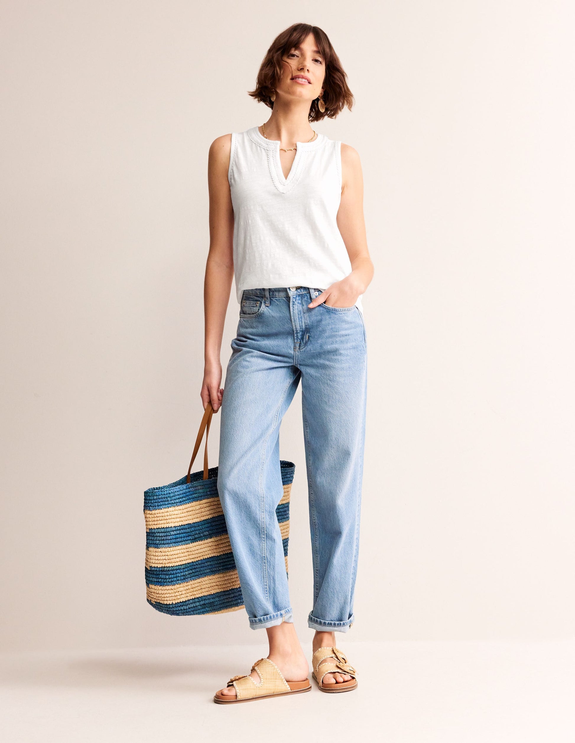 Pom Trim Detail Tank Top-White-4