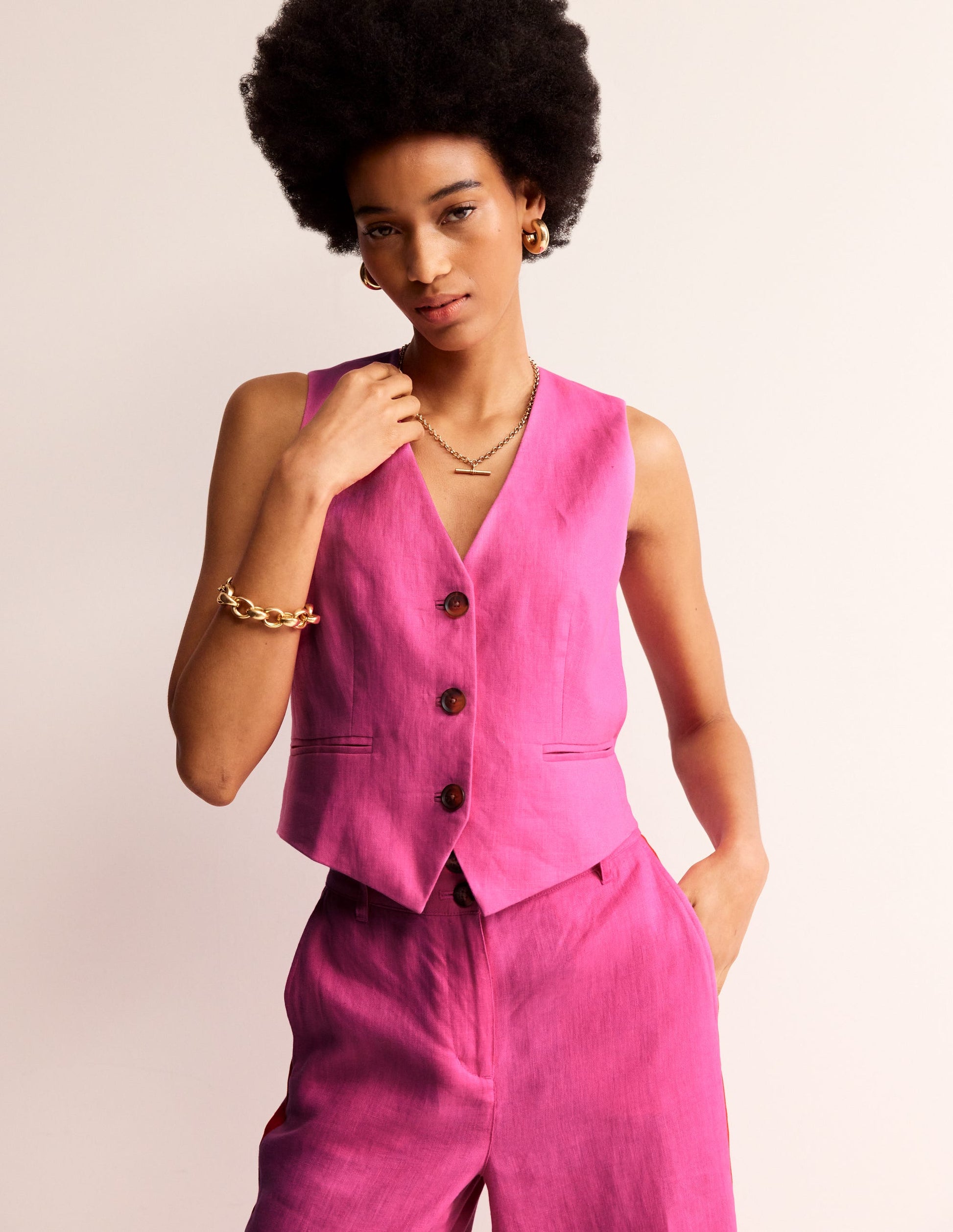 Linen V-Neck Waistcoat-Pop Pansy-1