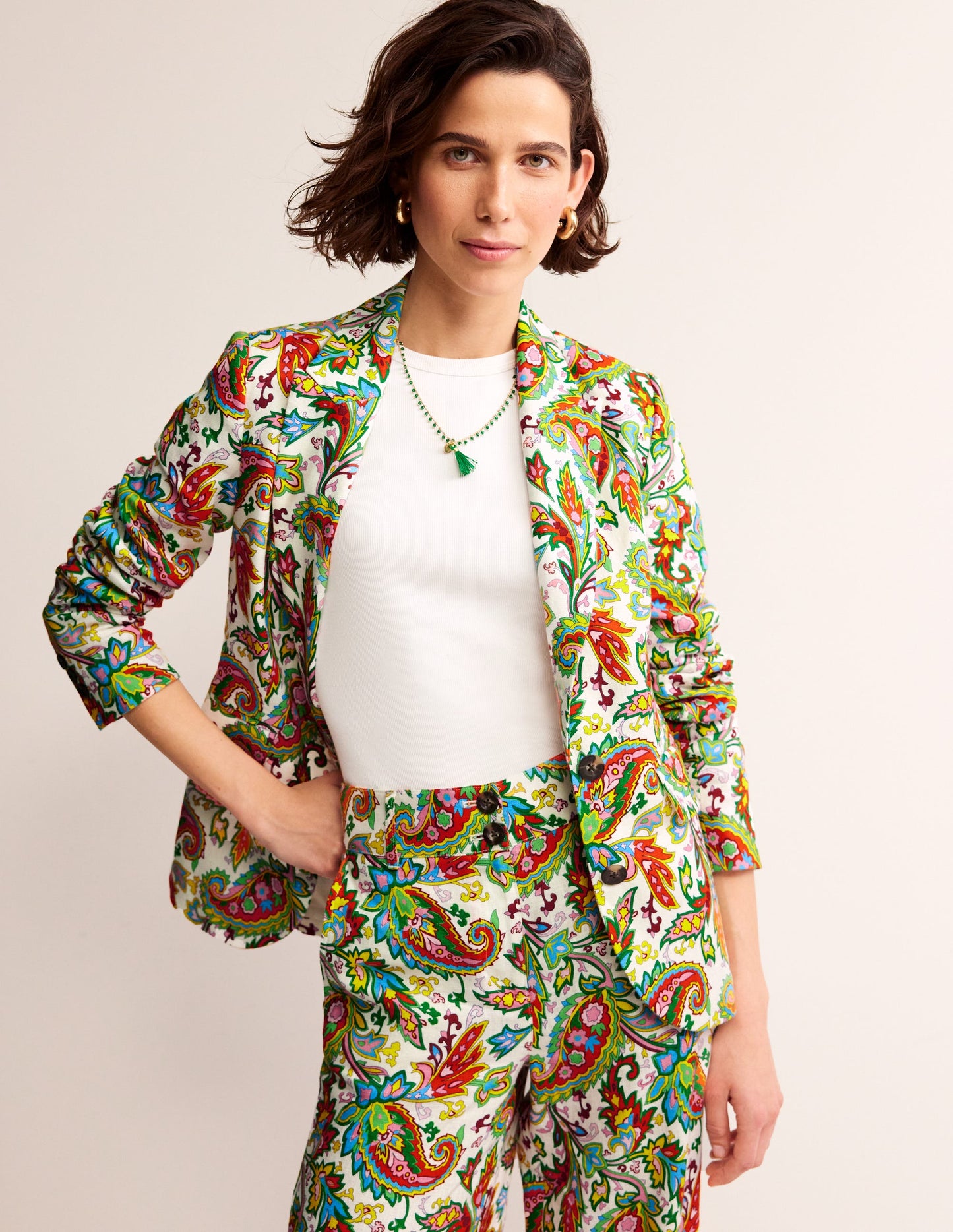 Marylebone Linen Blazer-Ivory, Paisley Azure