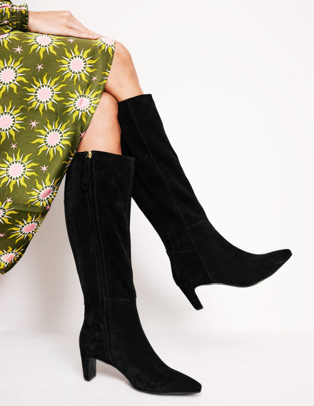 Back Panel Heeled Knee Boot-Black