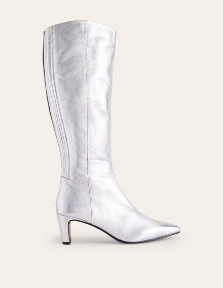 Back Panel Heeled Knee Boot-Metallic