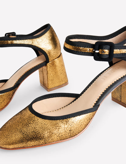 Two Part Block Heel Pumps-Gold Metallic Leather