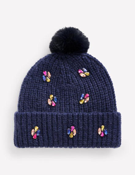 Jewelled Knitted Hat-Navy