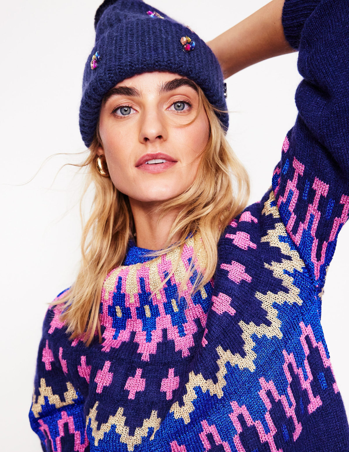 Jewelled Knitted Hat-Navy - Image 1
