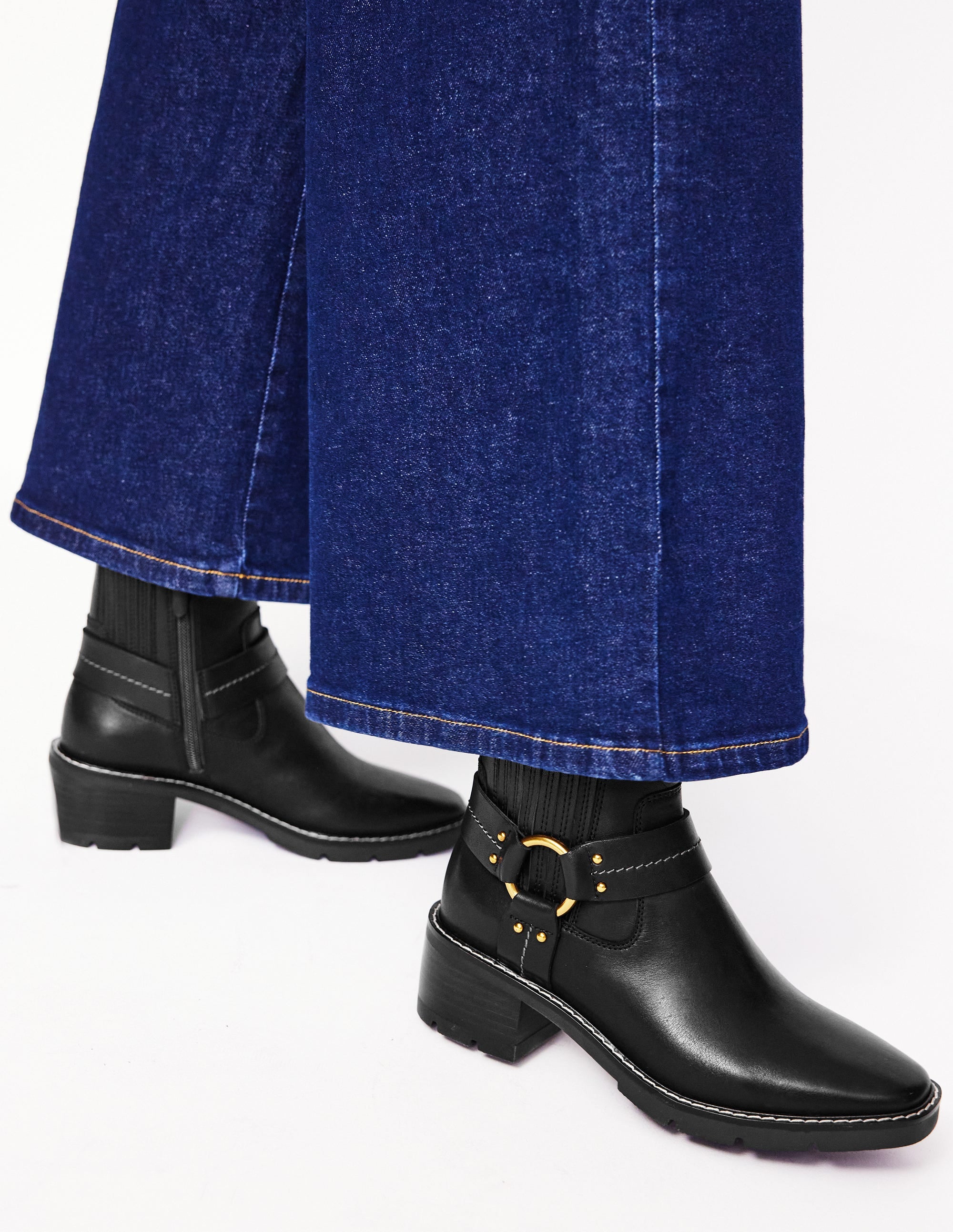 Harness Detail Biker Boots-Black Leather - Image 1