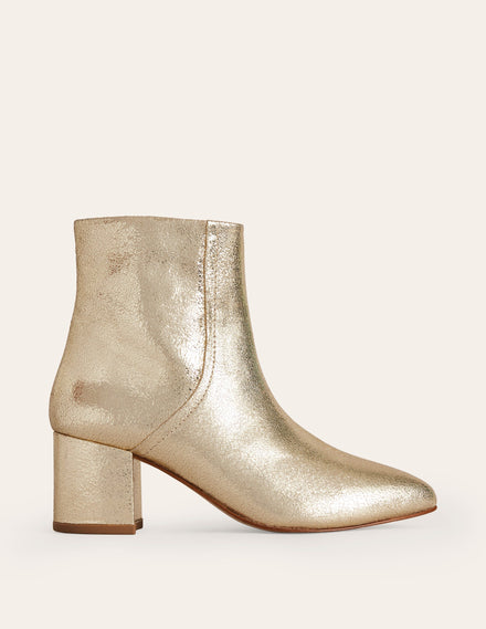 Block Heel Leather Ankle Boots-Gold