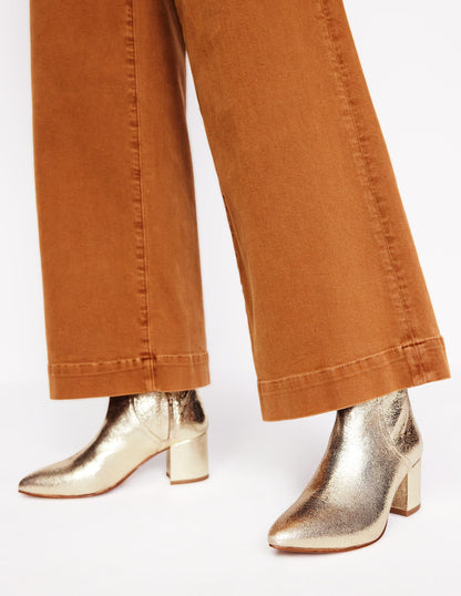 Block Heel Leather Ankle Boots-Gold